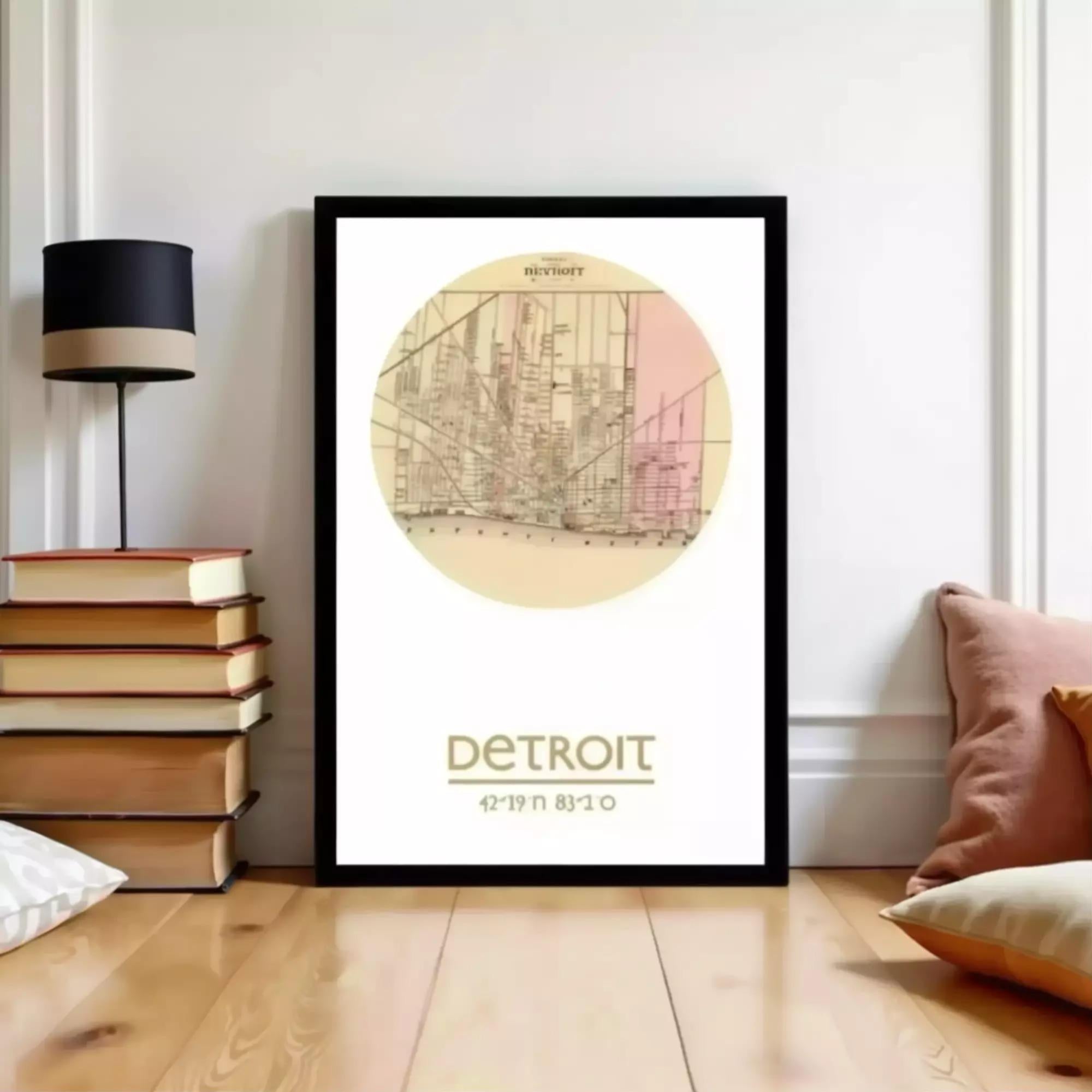 A framed poster of a cityscape, likely Detroit, is displayed on a wall in a room with a stack of books and a lamp.