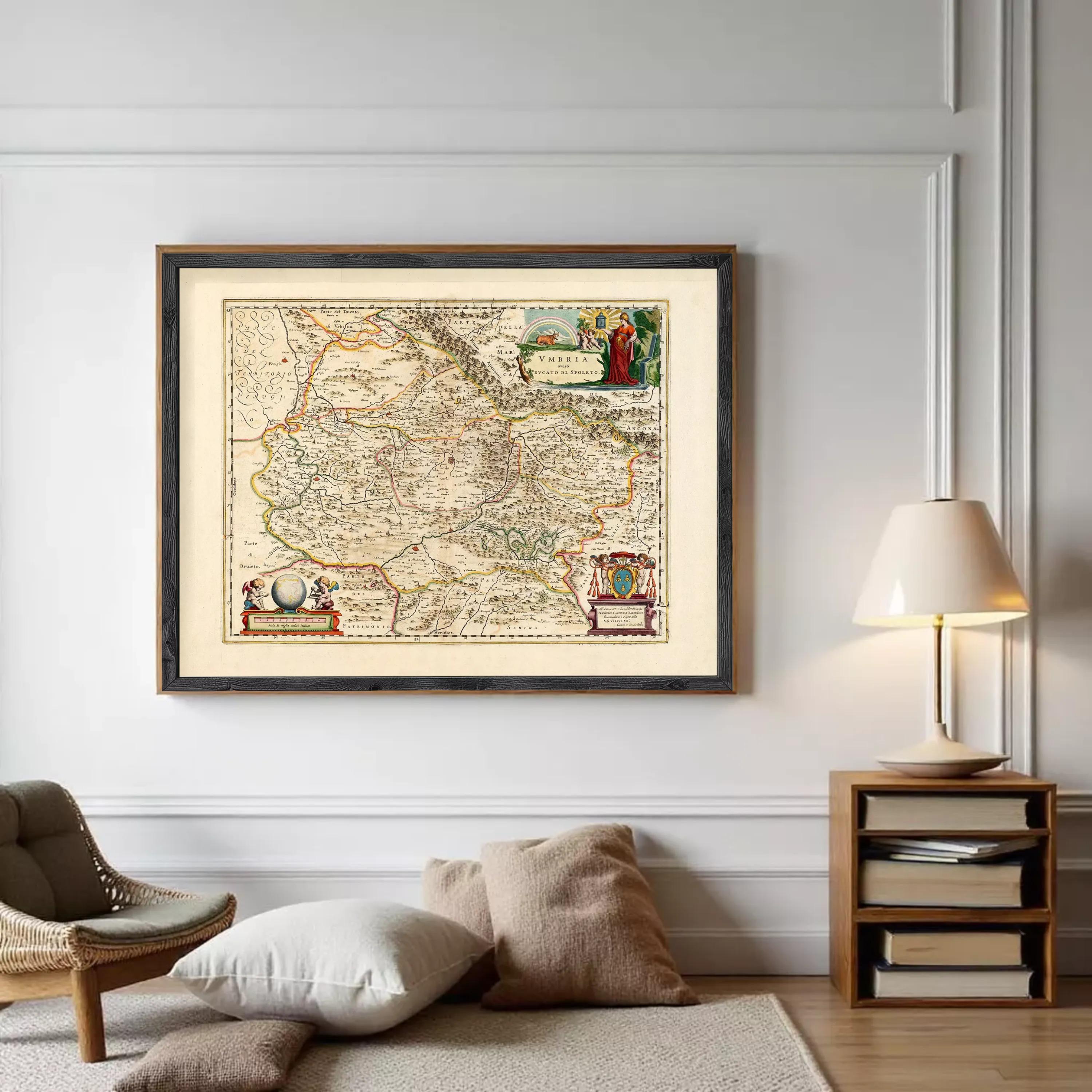 The image is a framed antique map of Europe, featuring intricate details and a vintage aesthetic.
