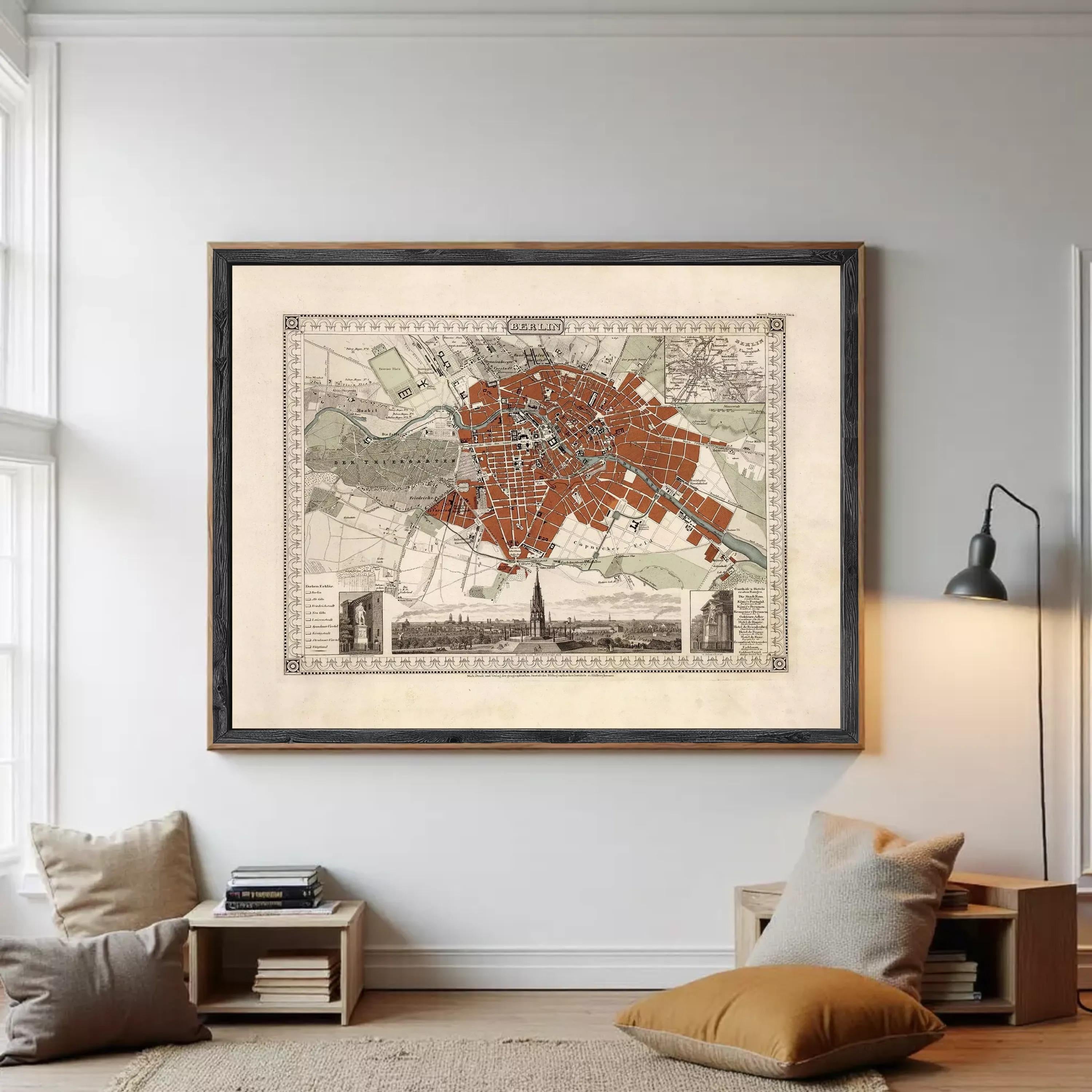 The image is a framed vintage map of a city, depicting a detailed layout of streets, landmarks, and other geographical features.