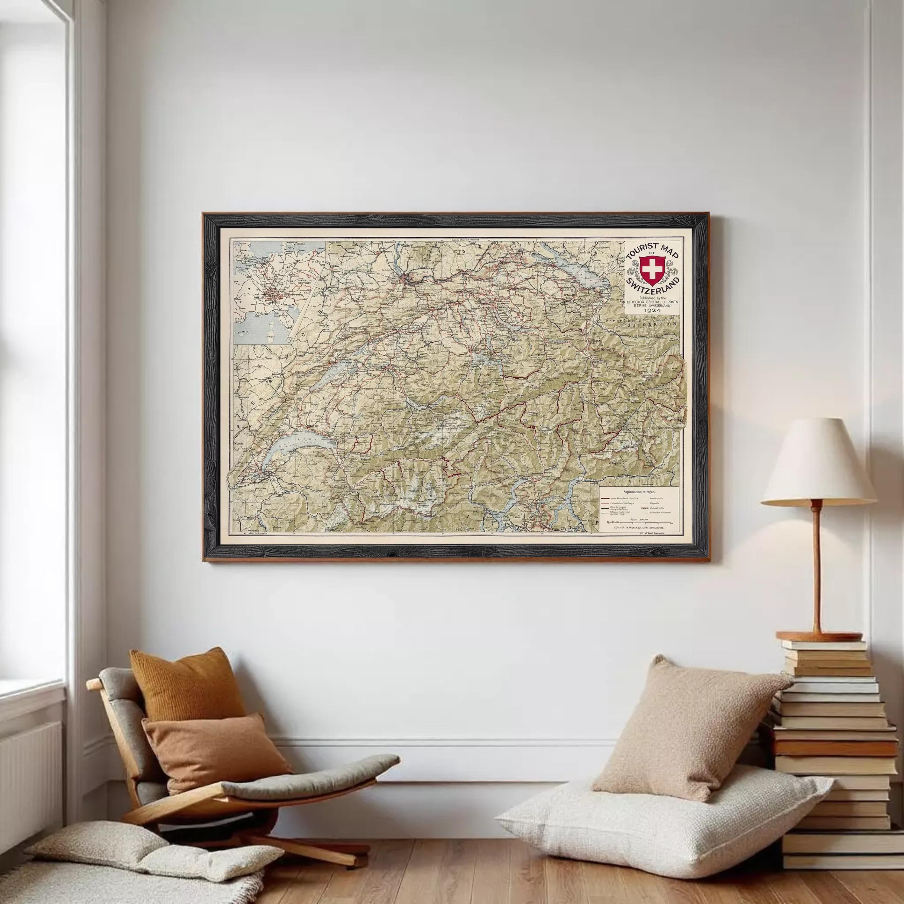 The image is a framed map of Switzerland, depicting various geographical features and locations.