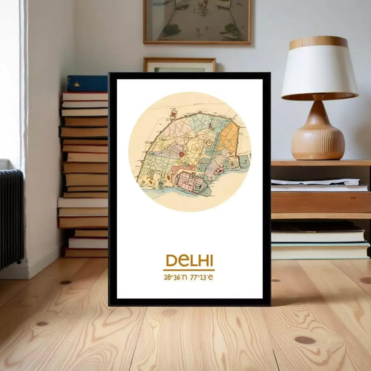 A framed map of Delhi, India, with the city's name and location prominently displayed.