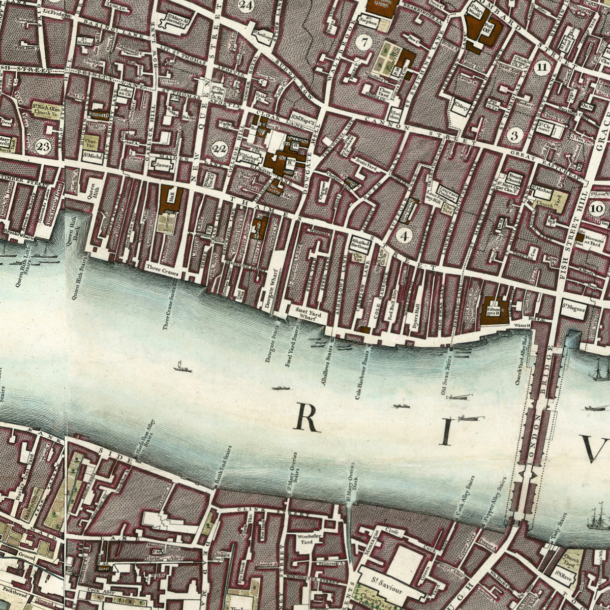 The image is a detailed map of a city, showing streets, buildings, and a large body of water.