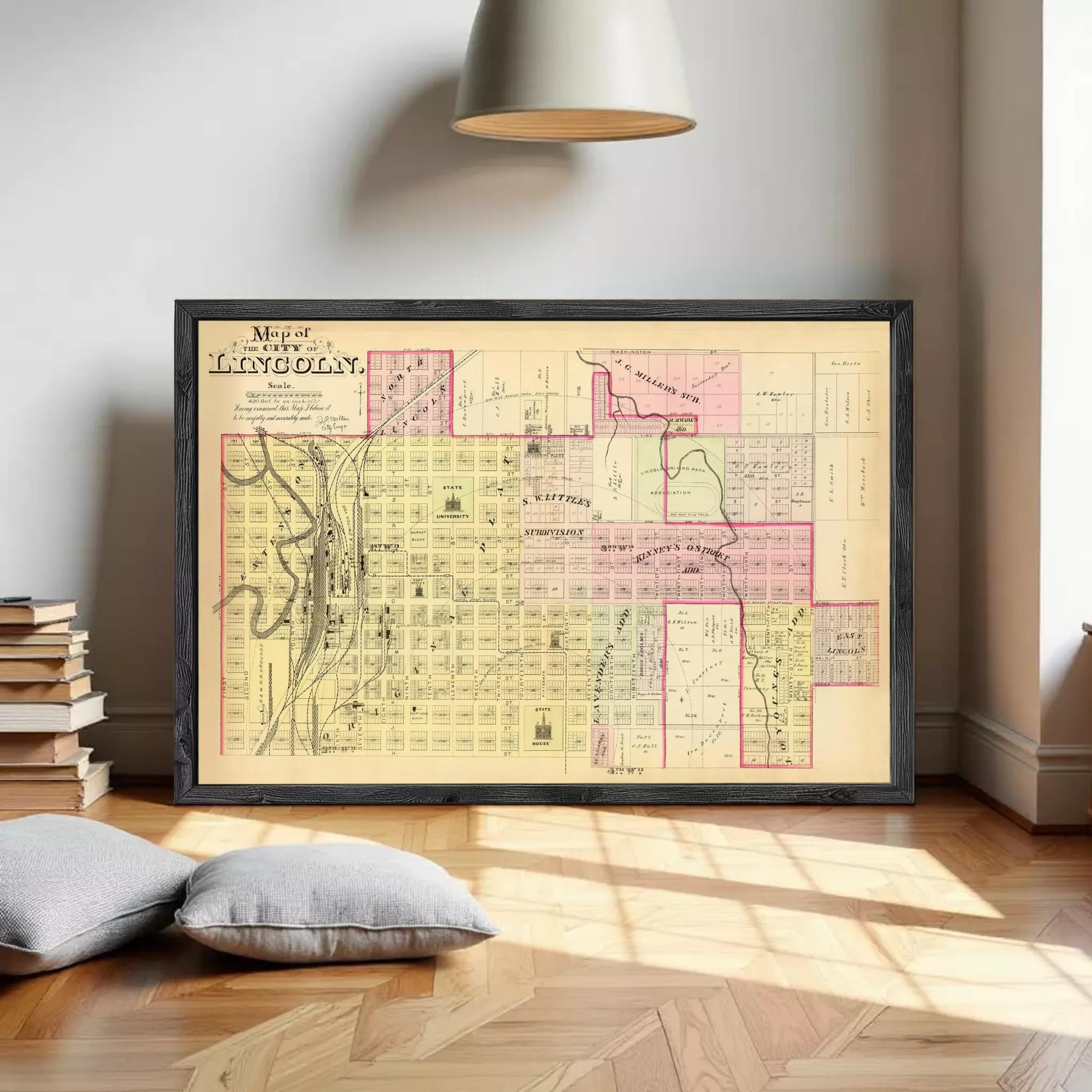 The image is a framed map of the city of Lincoln, showing the layout of the city and surrounding areas.
