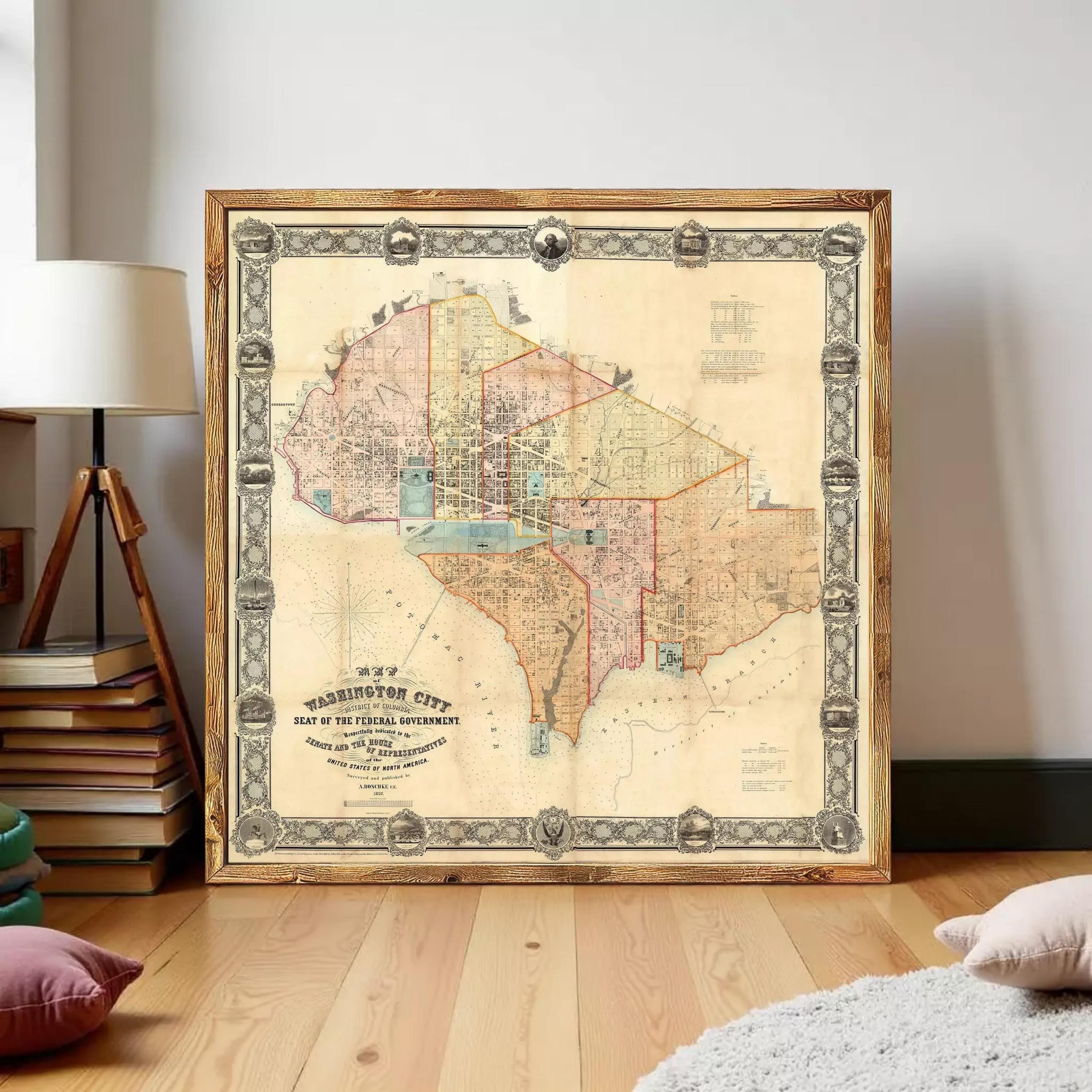 a large framed map of the Washington, D.C. area, with a wooden frame and decorative border.
