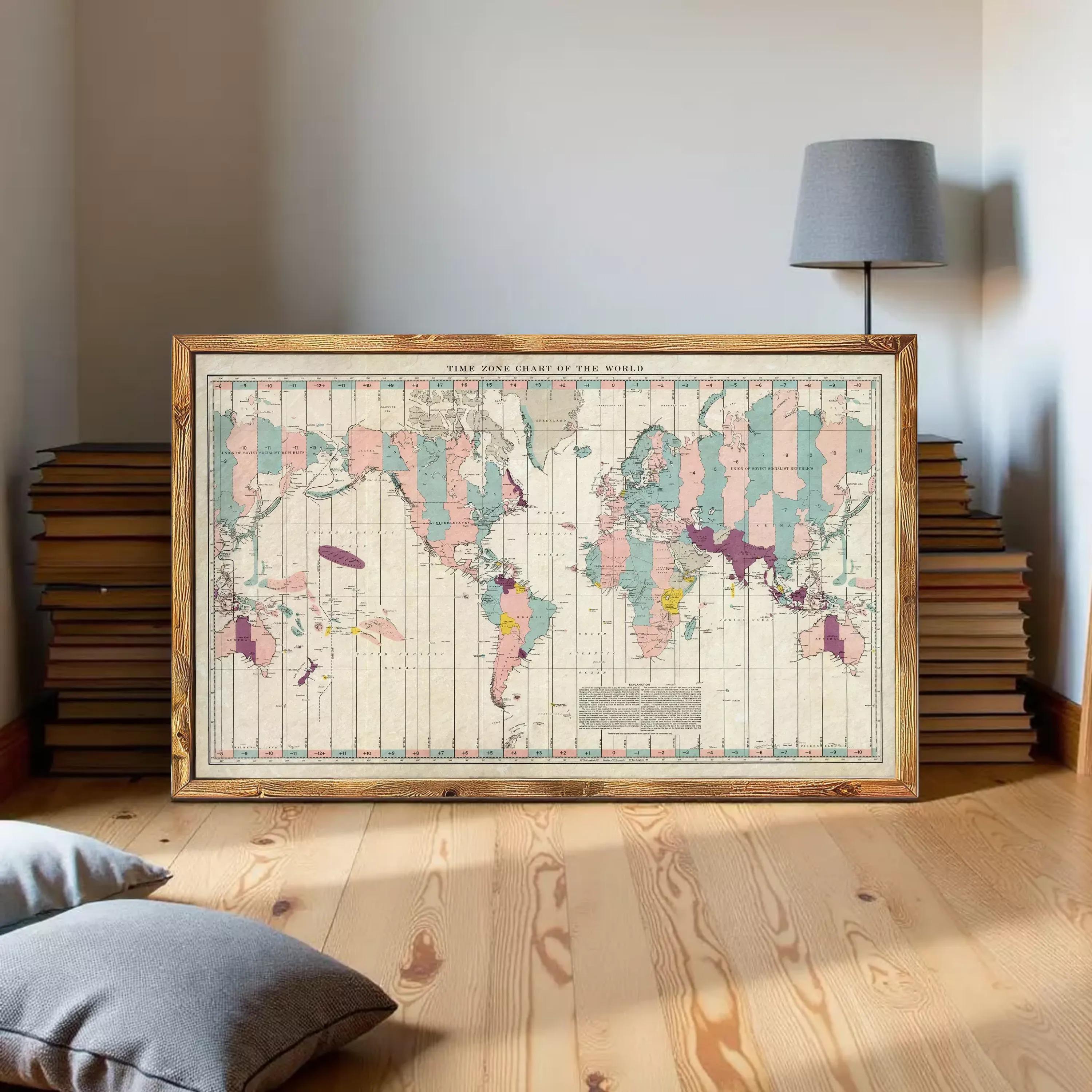 The image is a framed vintage world map with a wooden frame, displayed on a white wall.