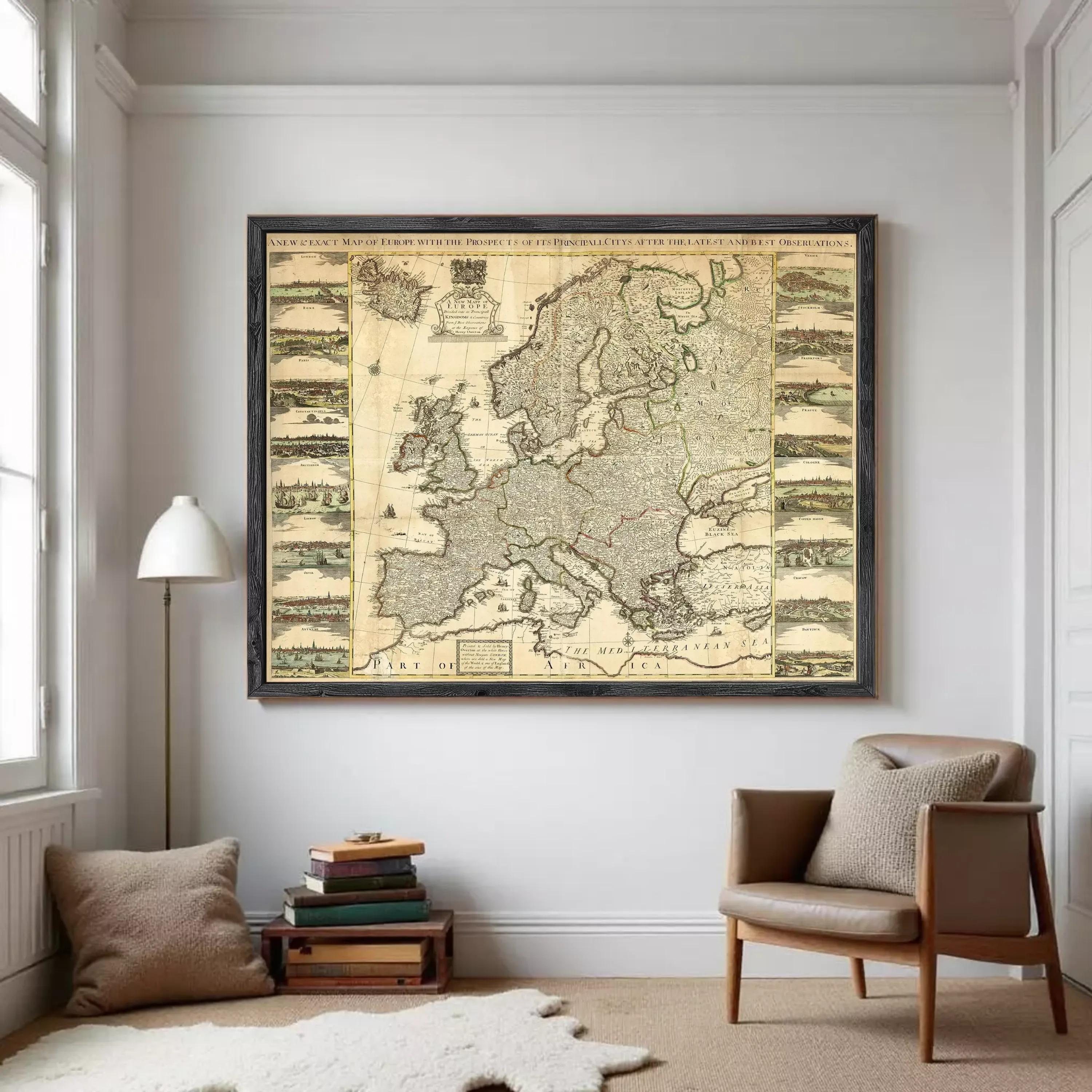 The image is a framed antique map of Europe, depicting various regions and countries across the continent.