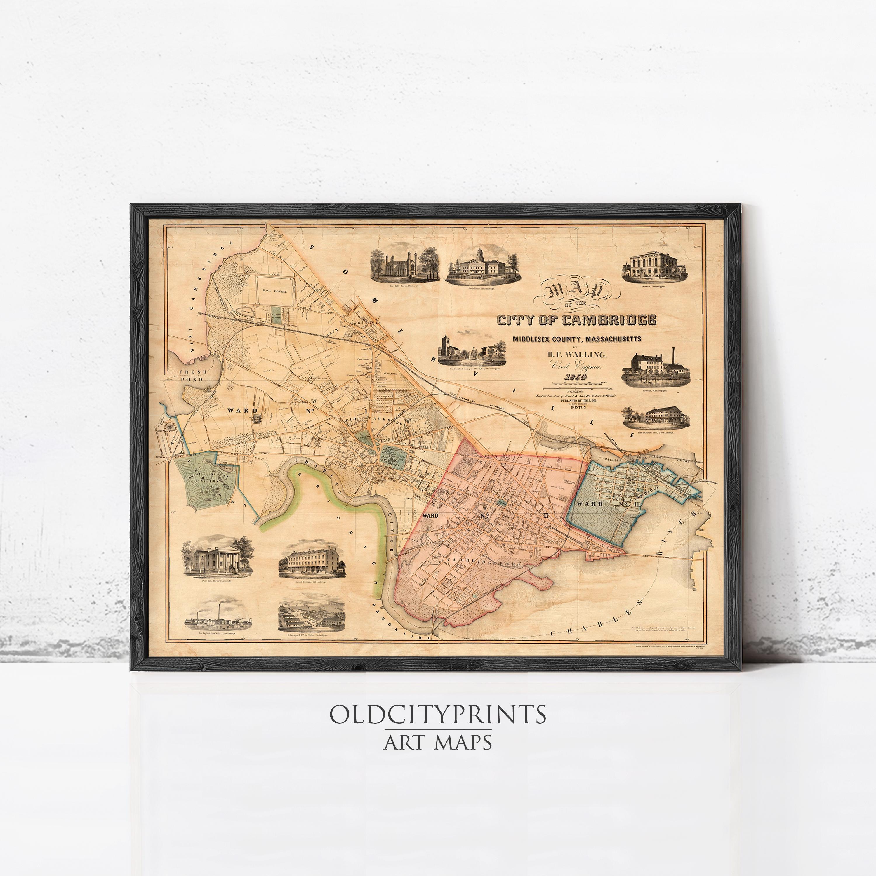 The image is a framed antique map of the City of Cambridge, Massachusetts, depicting various landmarks and streets.