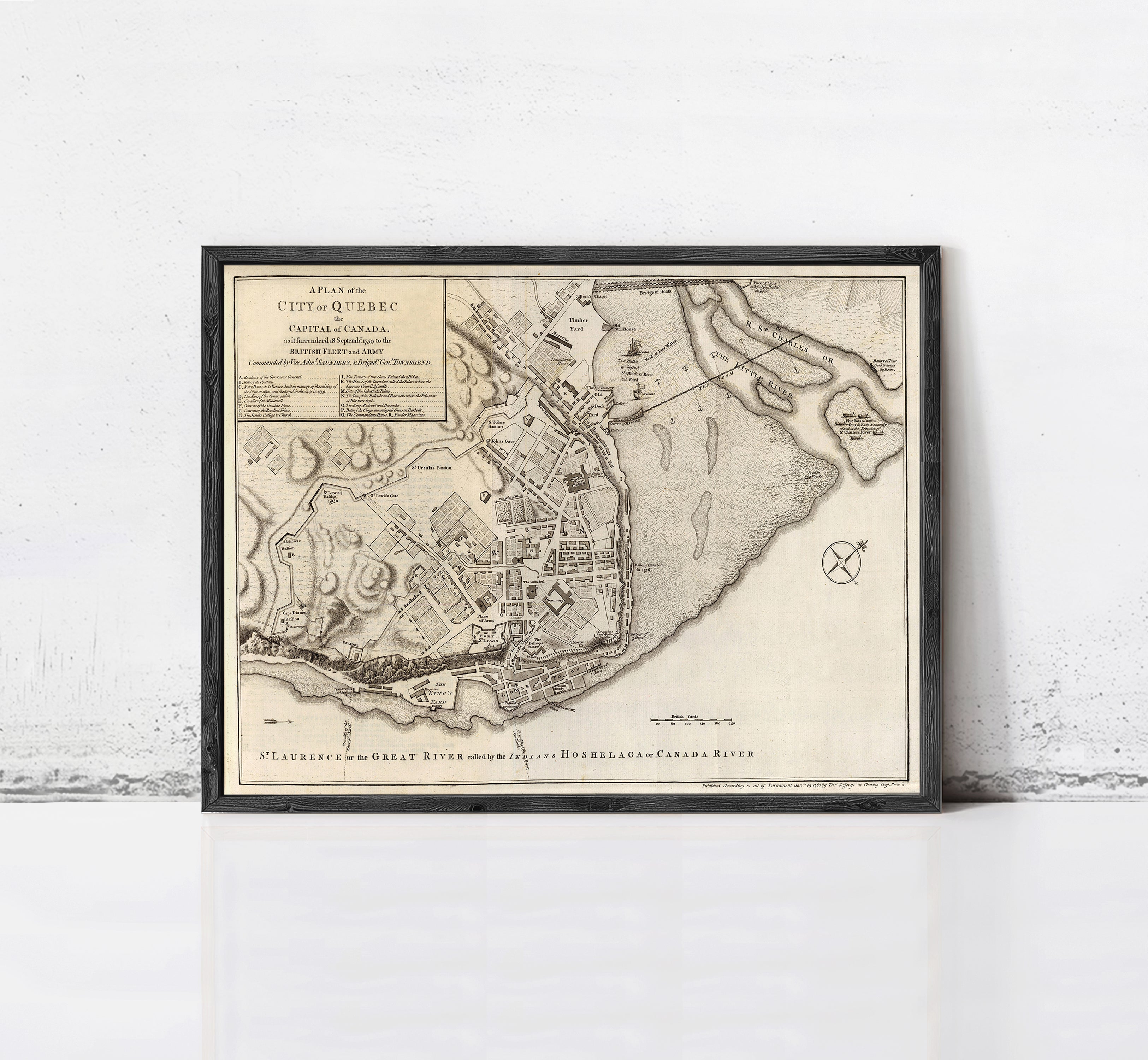 The image is a framed historical map of the city of Montreal, Canada, depicting the city's layout and surrounding areas.