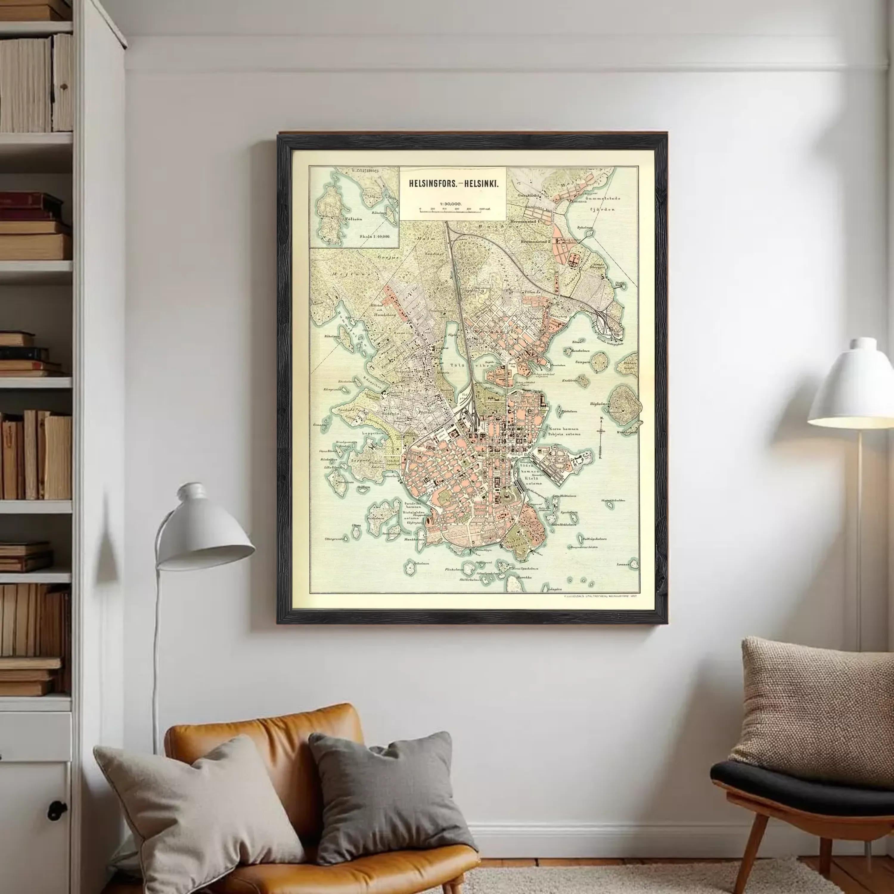 The image is a framed map of Melbourne, Australia, showing the city's streets, landmarks, and surrounding areas.