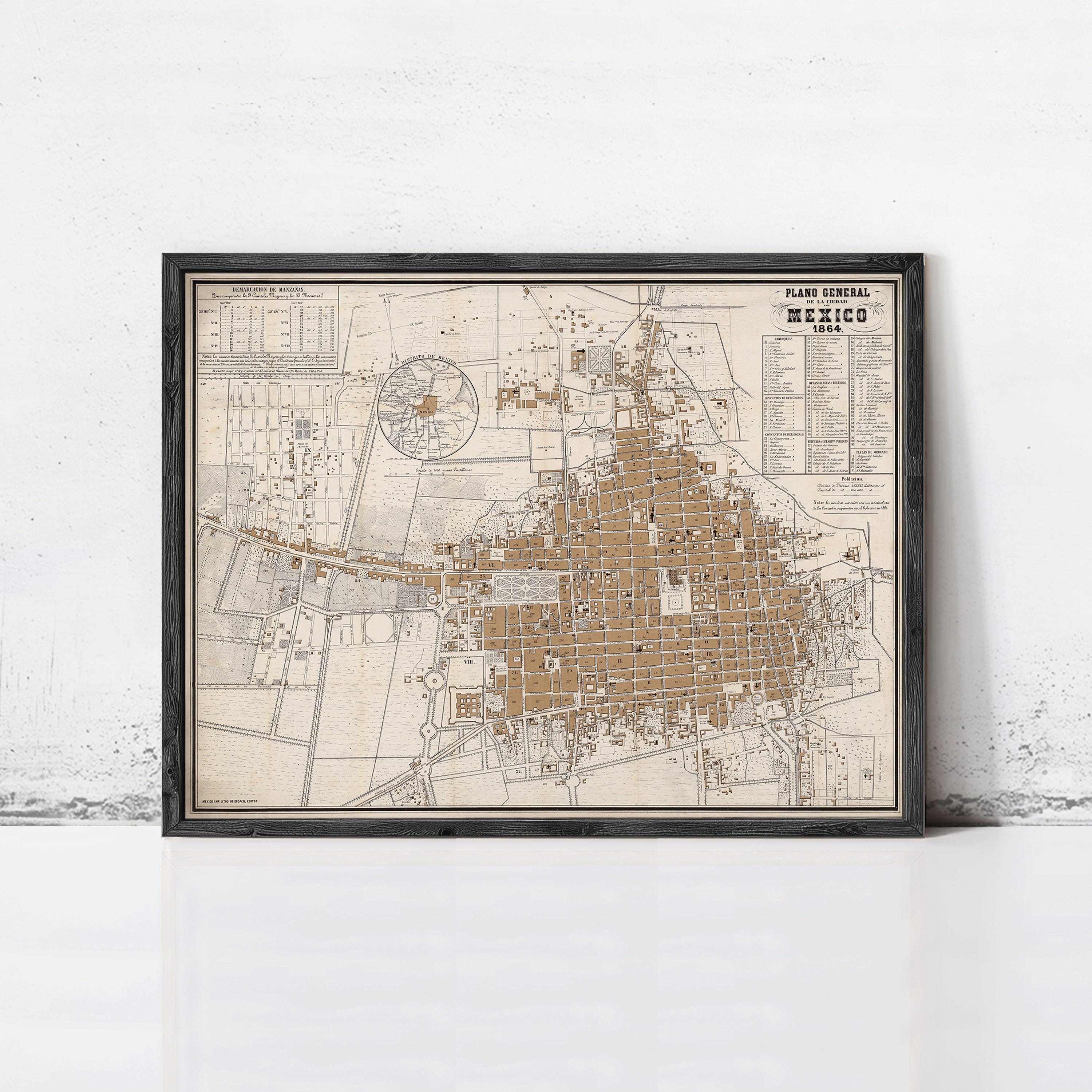 The image is a framed map of Mexico, showing the layout of the city and surrounding areas.