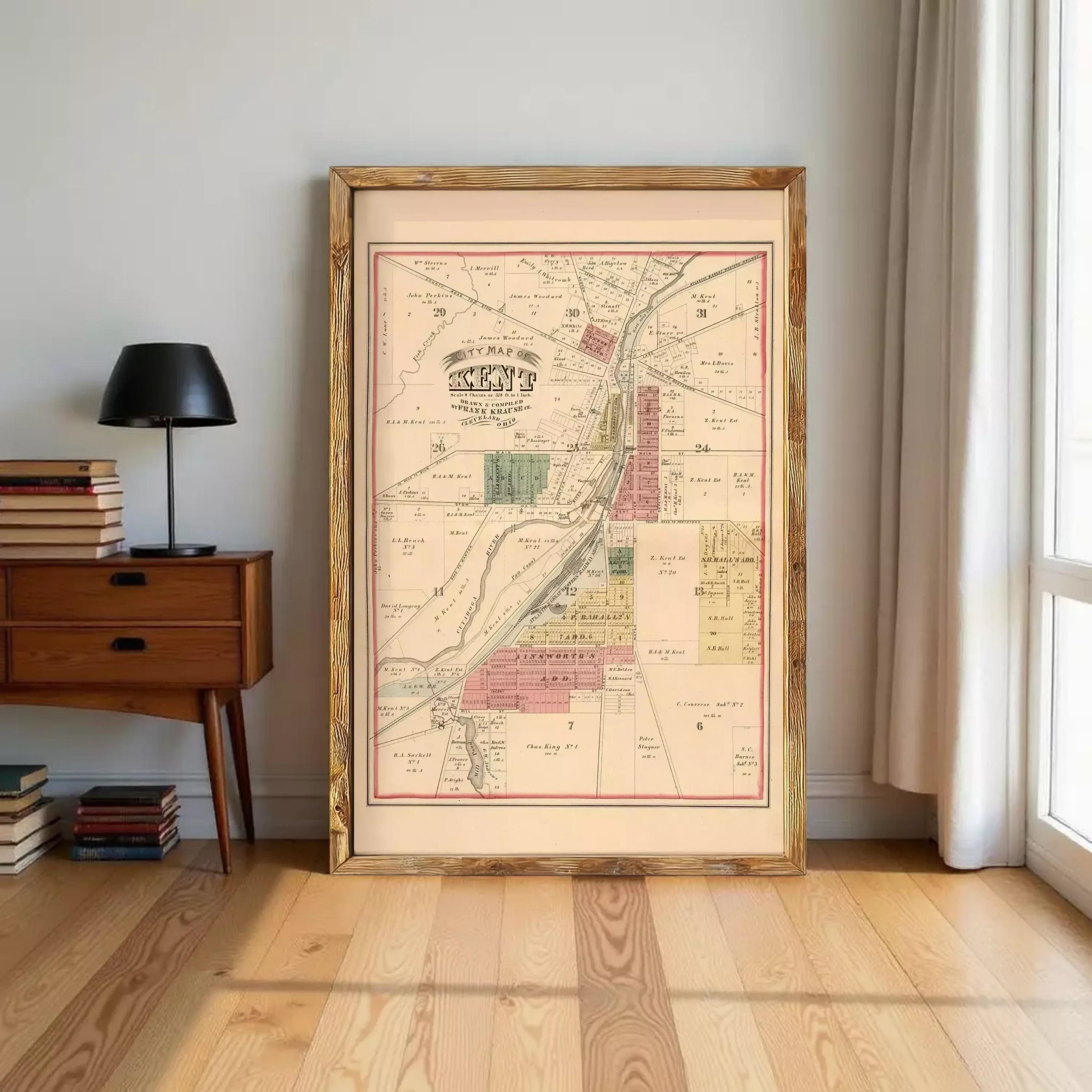 a large framed map of a city or region, with various labels and markings indicating different locations or areas.