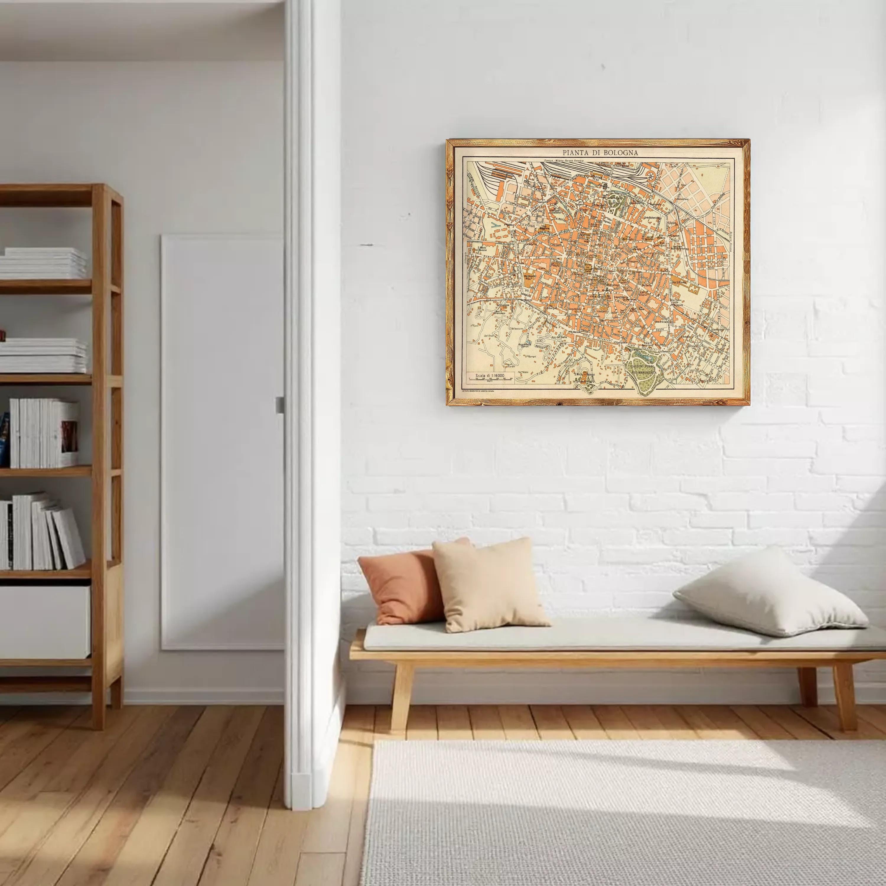 a cozy living room with a wooden bench, a bookshelf, and a framed map hanging on the wall.