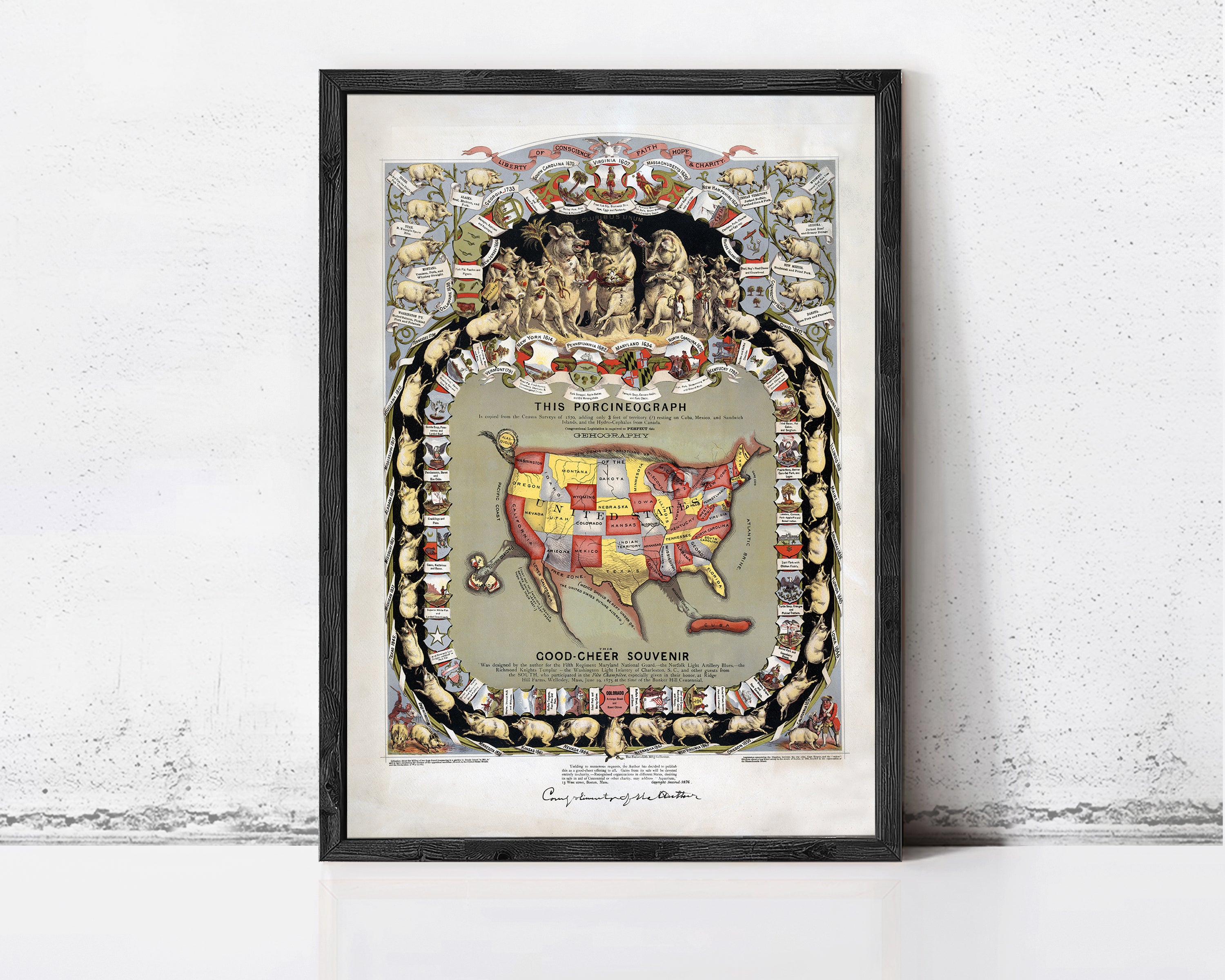The image is a framed vintage map of the United States, depicting a detailed and colorful illustration of the country.
