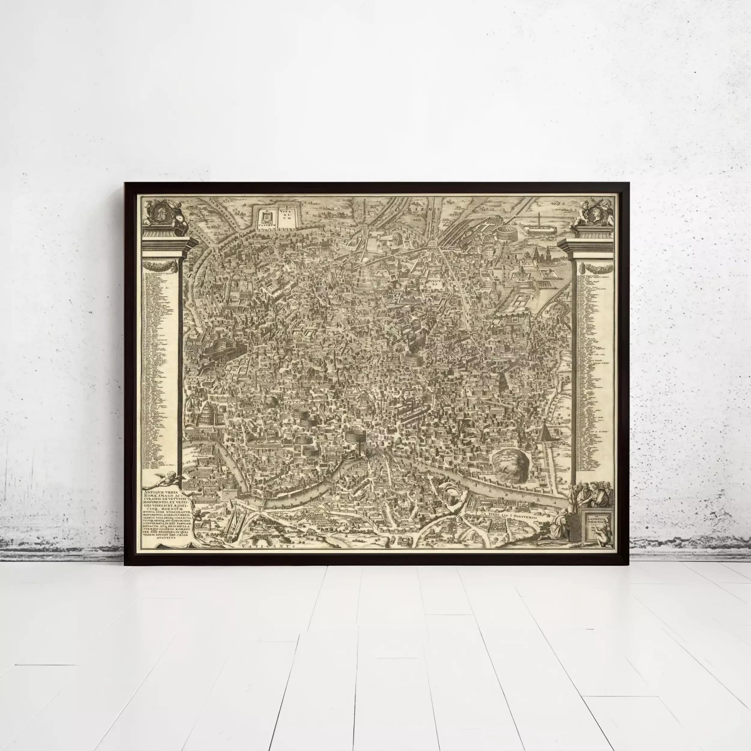 The image is a large, detailed map of a city or region, displayed in a frame on a white wall.