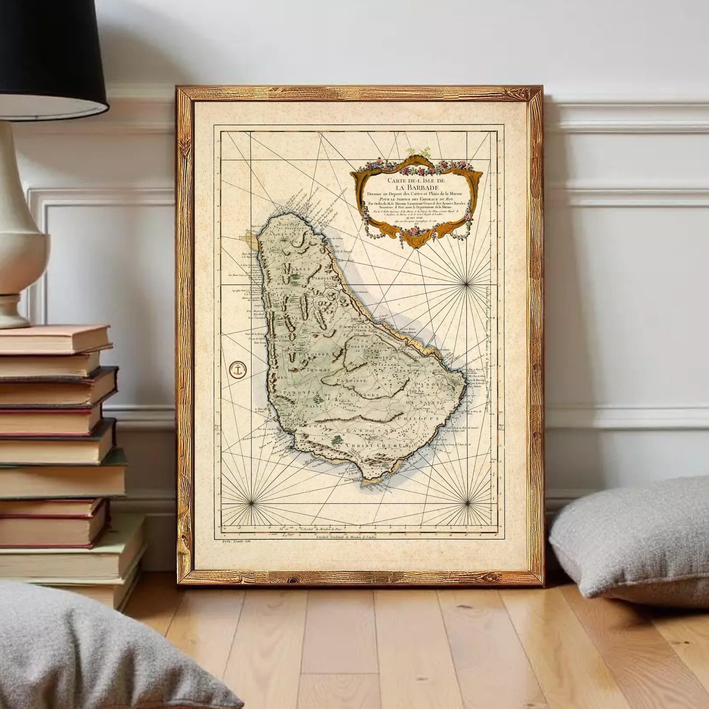 The image is a framed map of the Caribbean island of Barbados, showing its geographical location and surrounding areas.