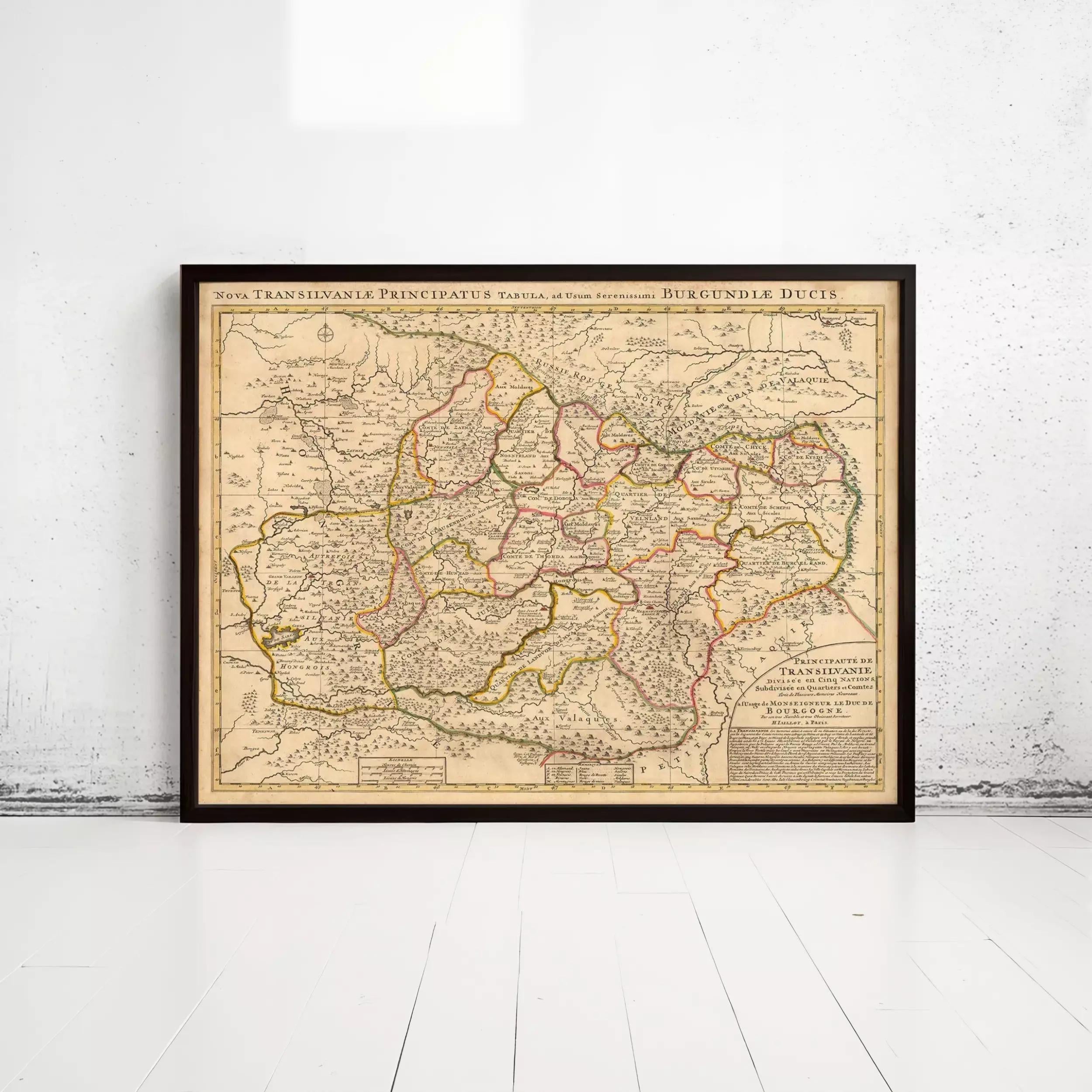 The image is a framed vintage map of a region, likely a country or region, with detailed geographical markings and labels.