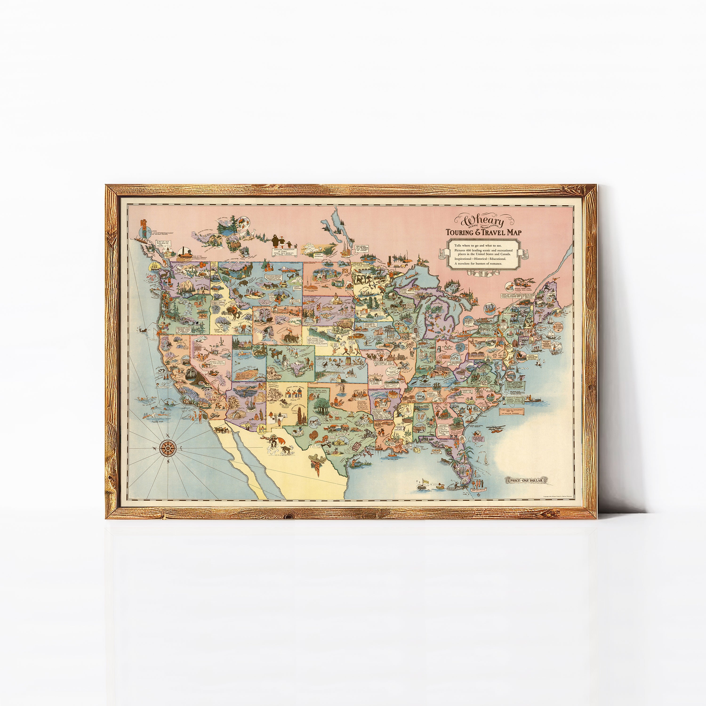 The image is a framed vintage map of the United States, depicting various landmarks and regions in a colorful and detailed manner.