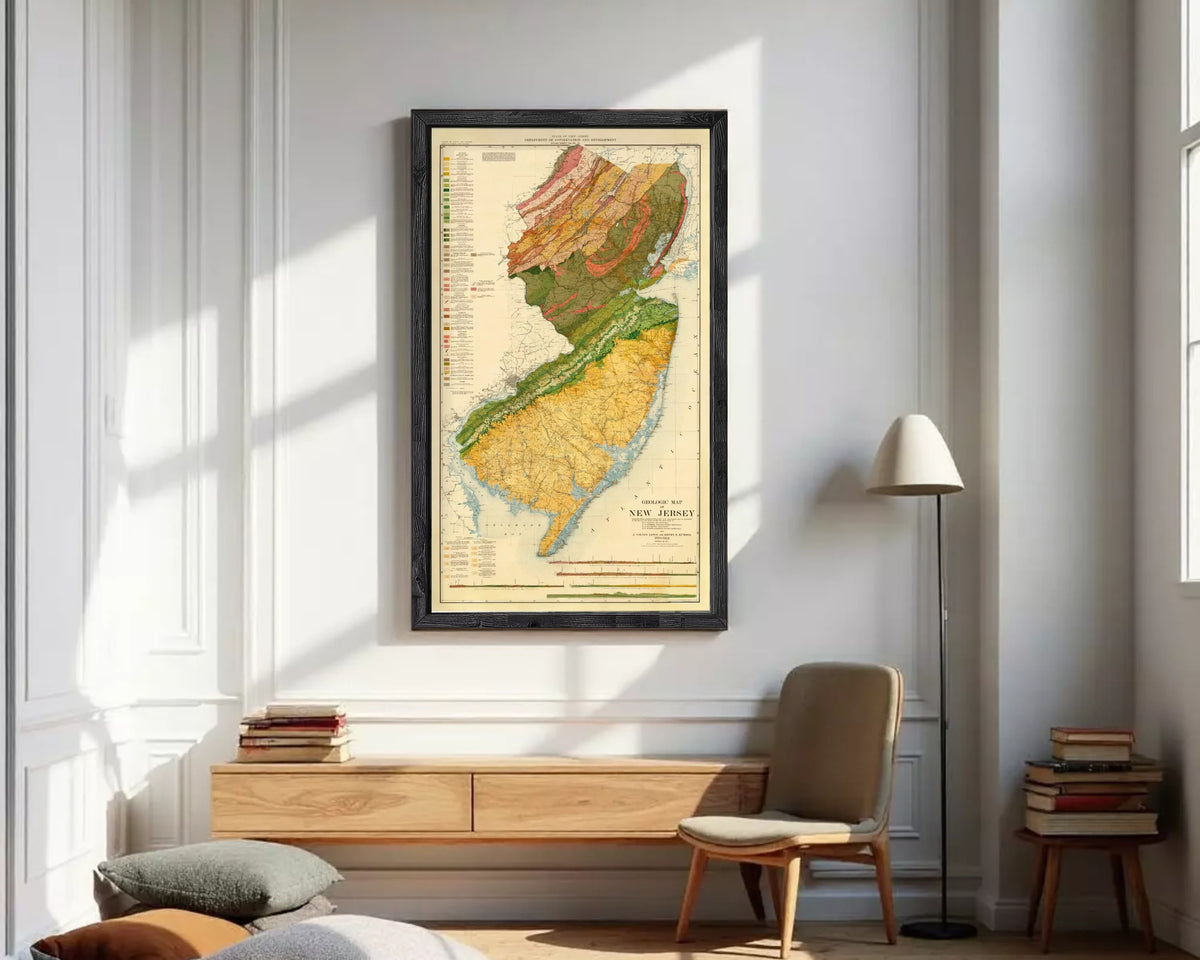 The image is a framed geological map of New Jersey, depicting the state's geographical features and boundaries.