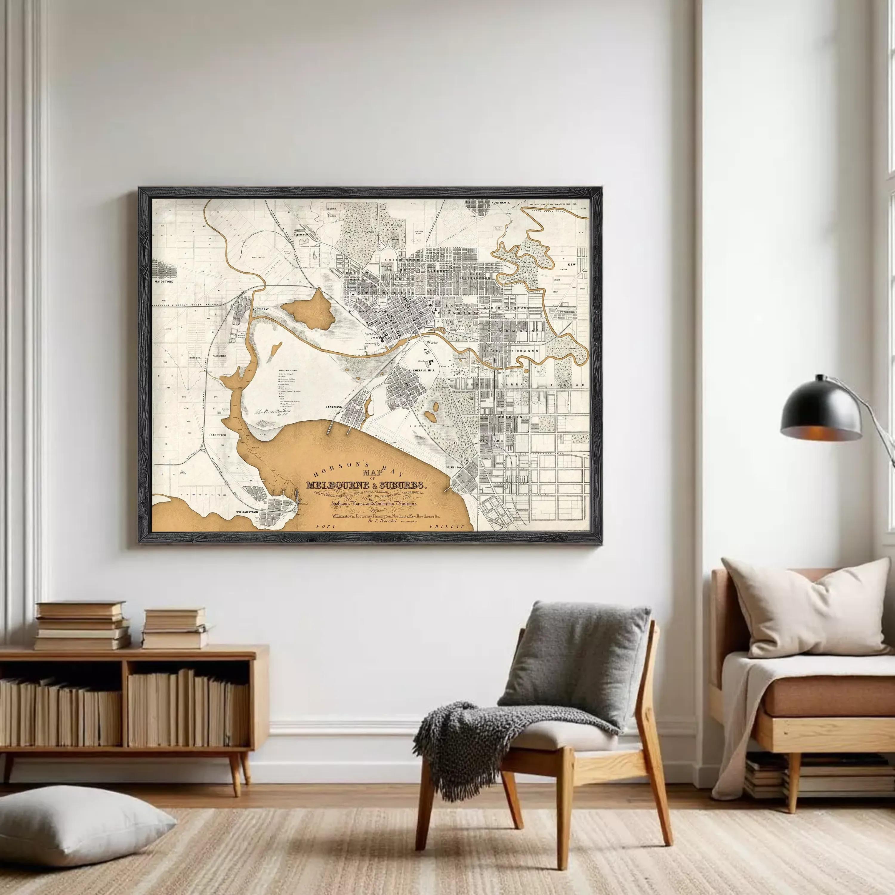 The image is a framed vintage map of Melbourne, Australia, depicting the city's layout and surrounding areas.