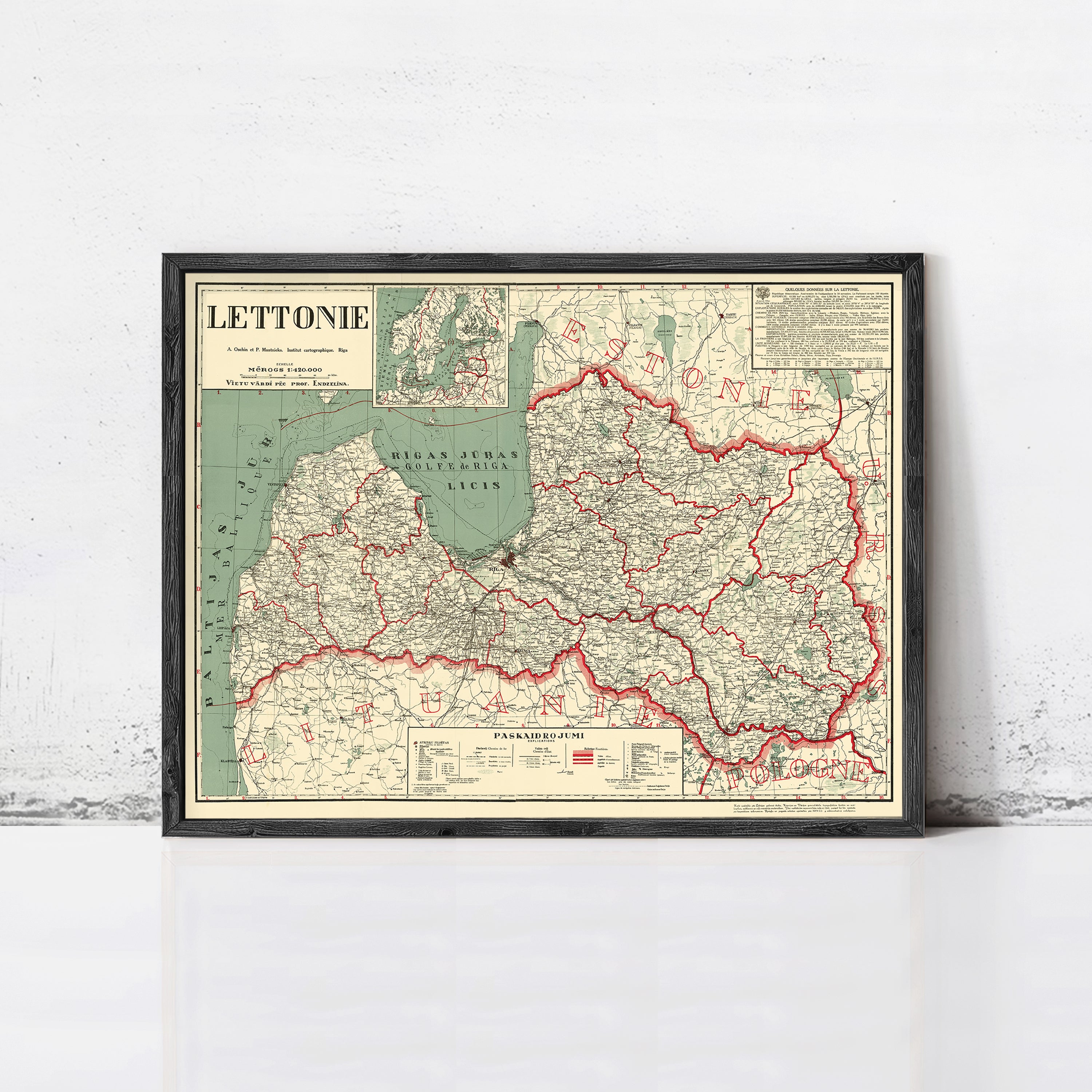 The image is a framed map of the country of Latvia, showing the country's geographical layout and boundaries.