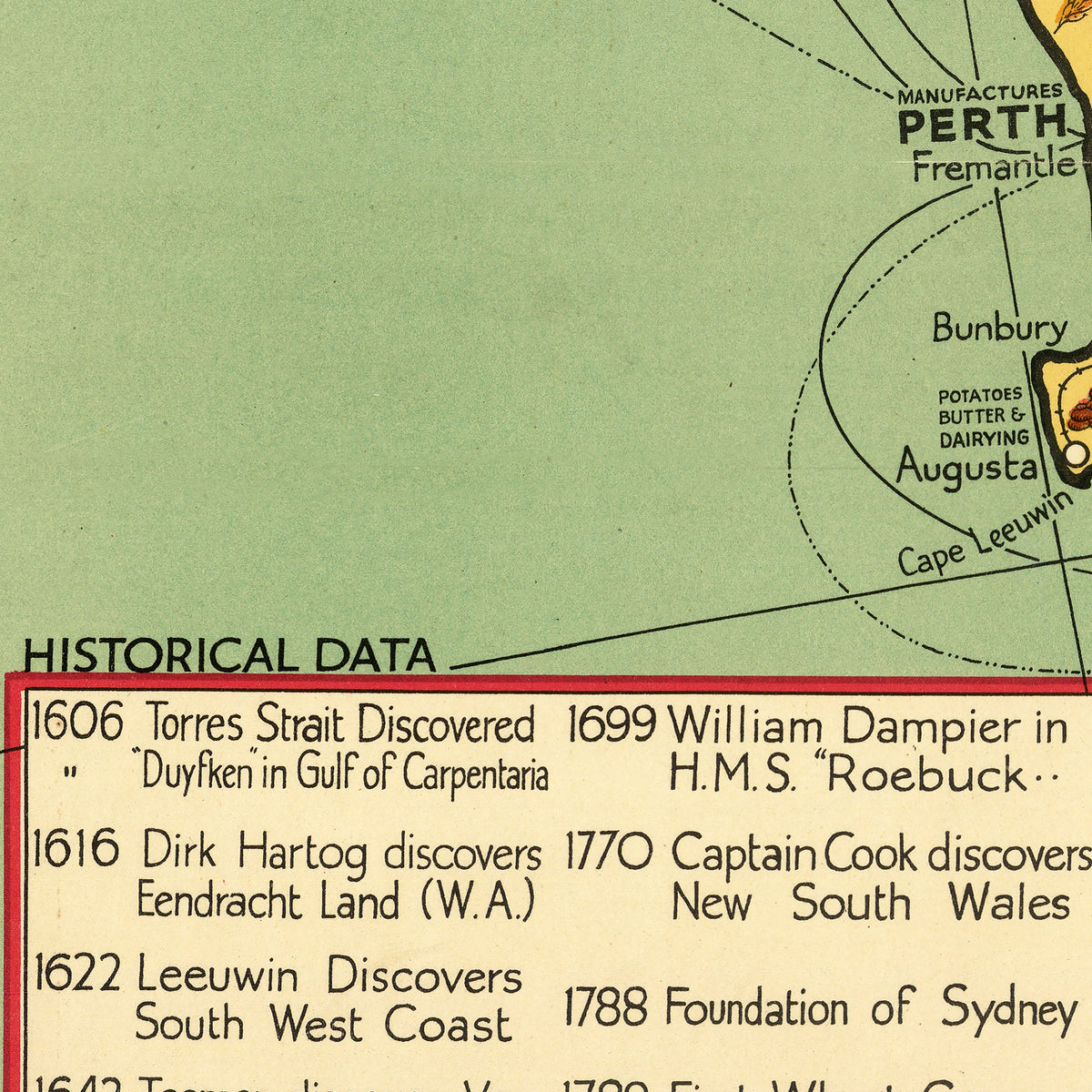 The image is a historical map showing the discovery of various locations, including a discovery of a strait in 1606, a captain discovering a new land in 1622, and a captain discovering a new land in 1622.