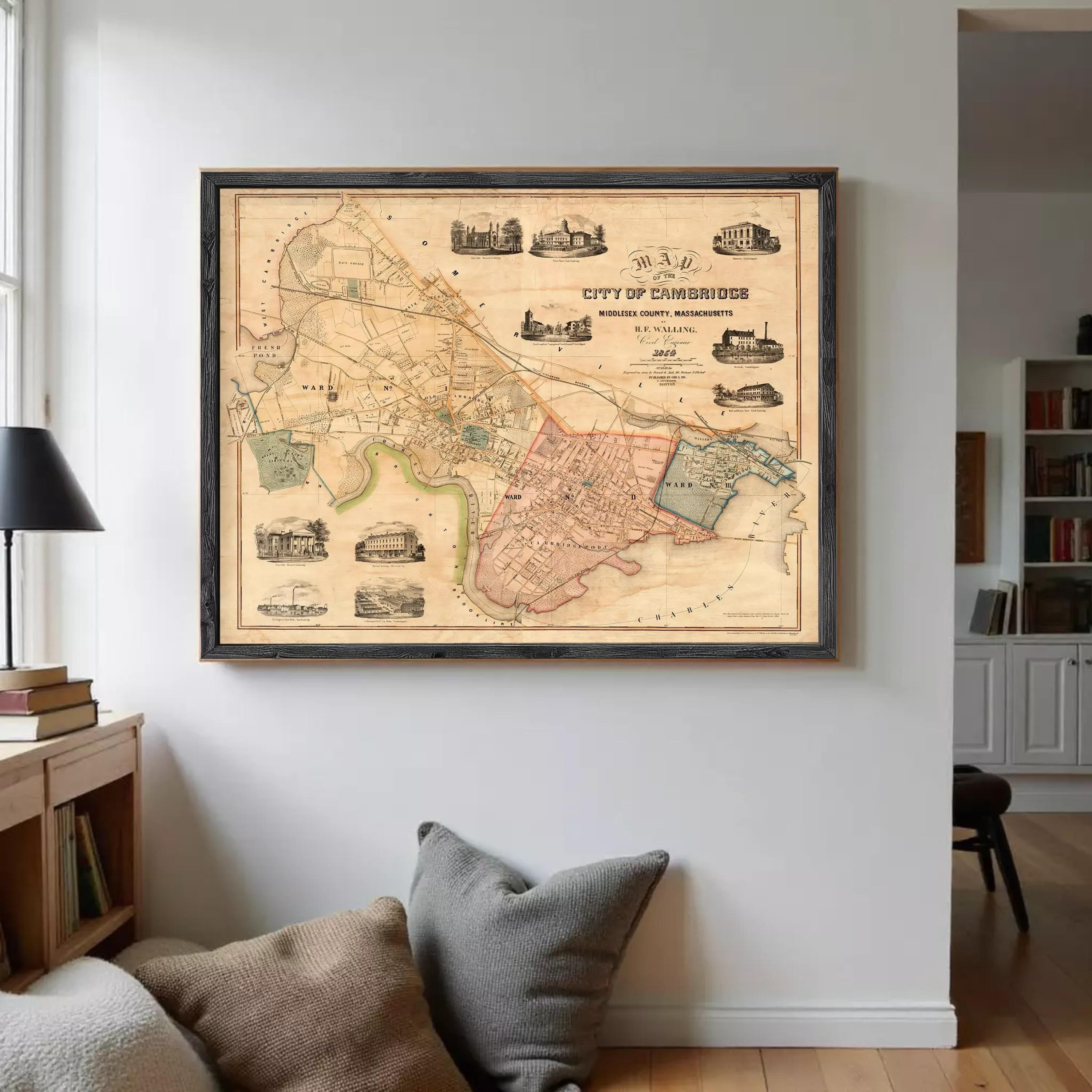 The image is a framed antique map of the City of Cambridge, Massachusetts, dated 1853.