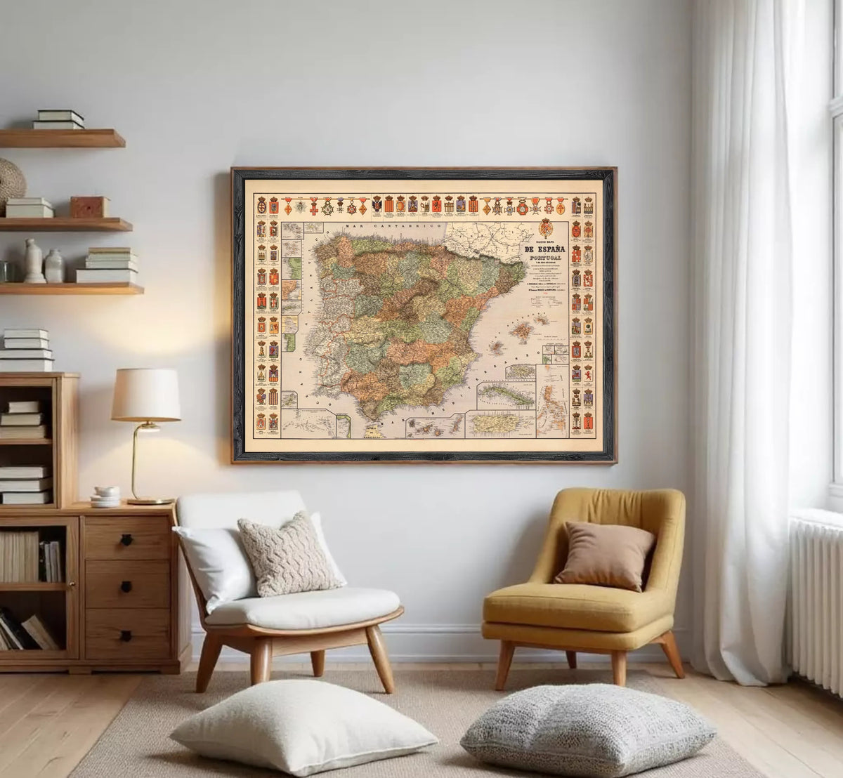 The image is a framed map of Spain, with various symbols and labels indicating different regions and zones within the country.