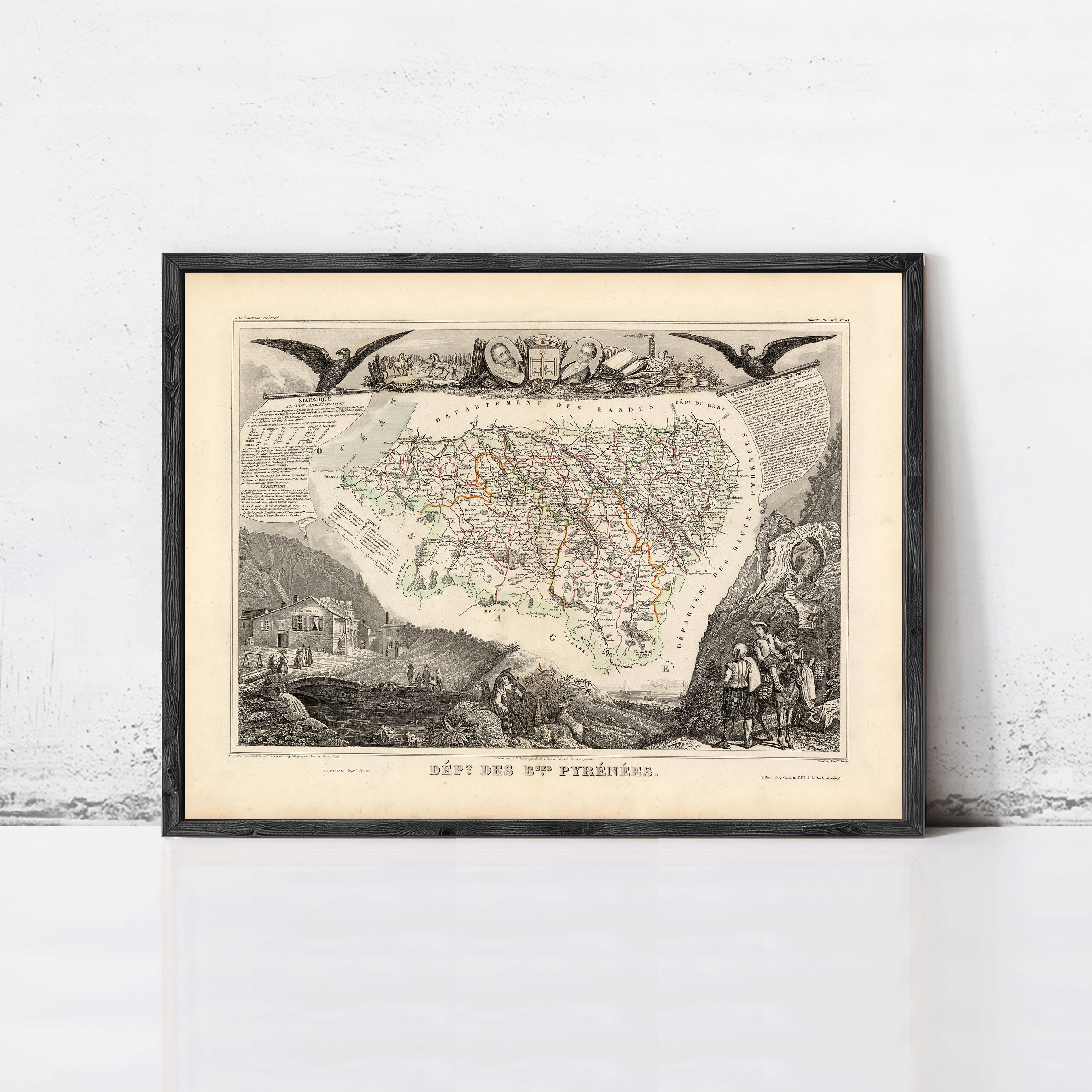The image is a framed antique map of a region, likely depicting a historical or geographical area.
