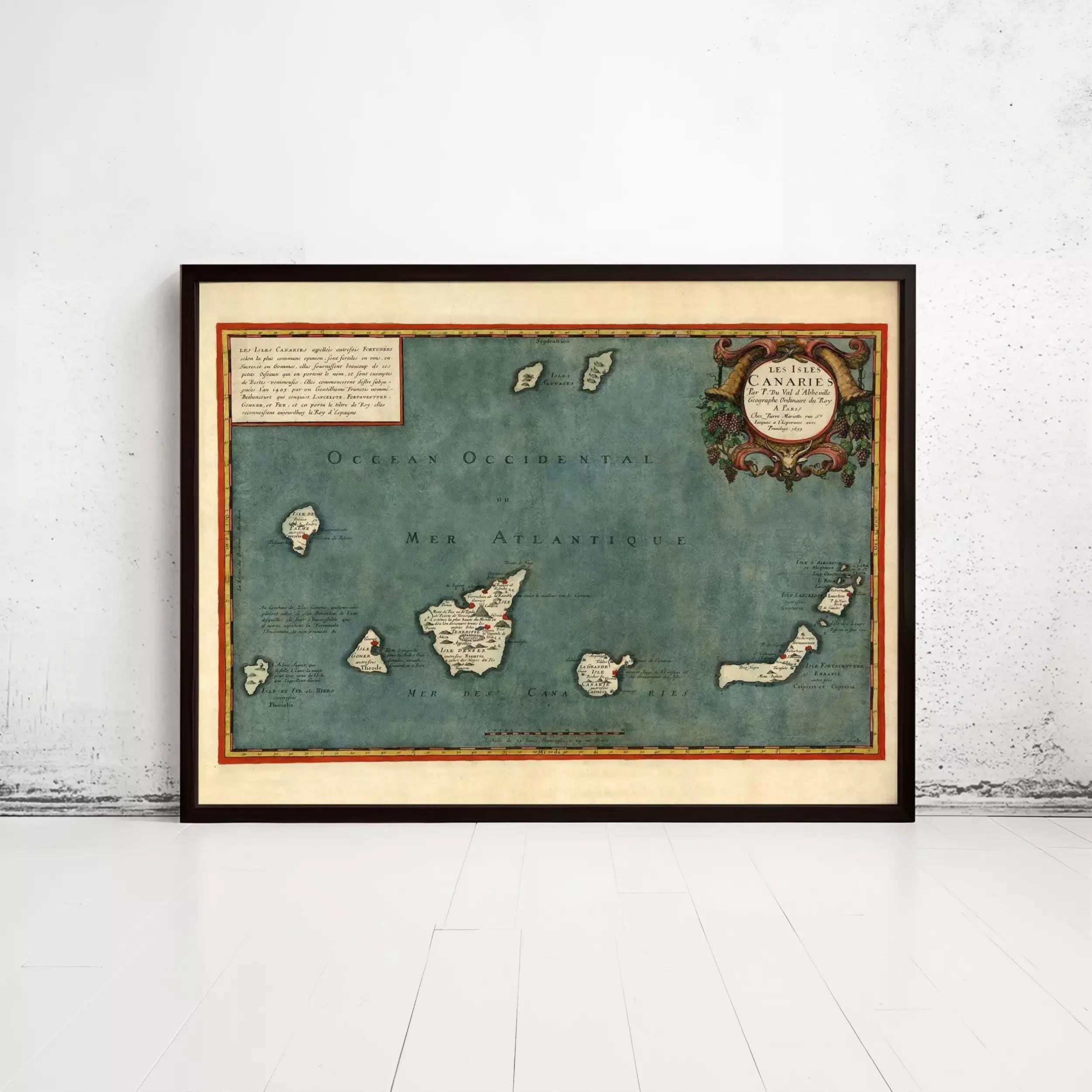 The image is a framed antique map of the Atlantic Ocean, depicting the coastlines and surrounding areas of various islands and coastlines.