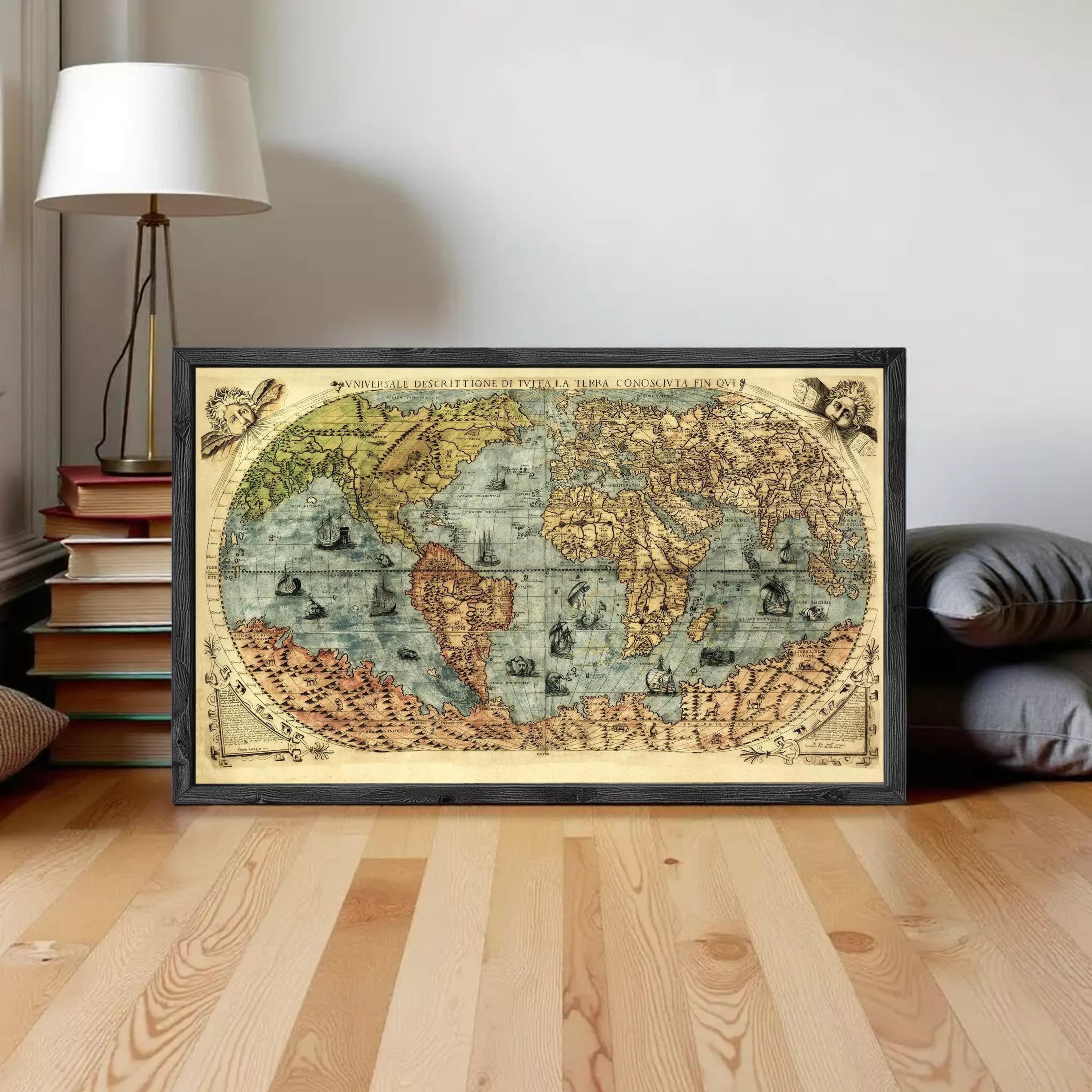 The image is a framed vintage map of the world, depicting various regions and countries with detailed cartography.
