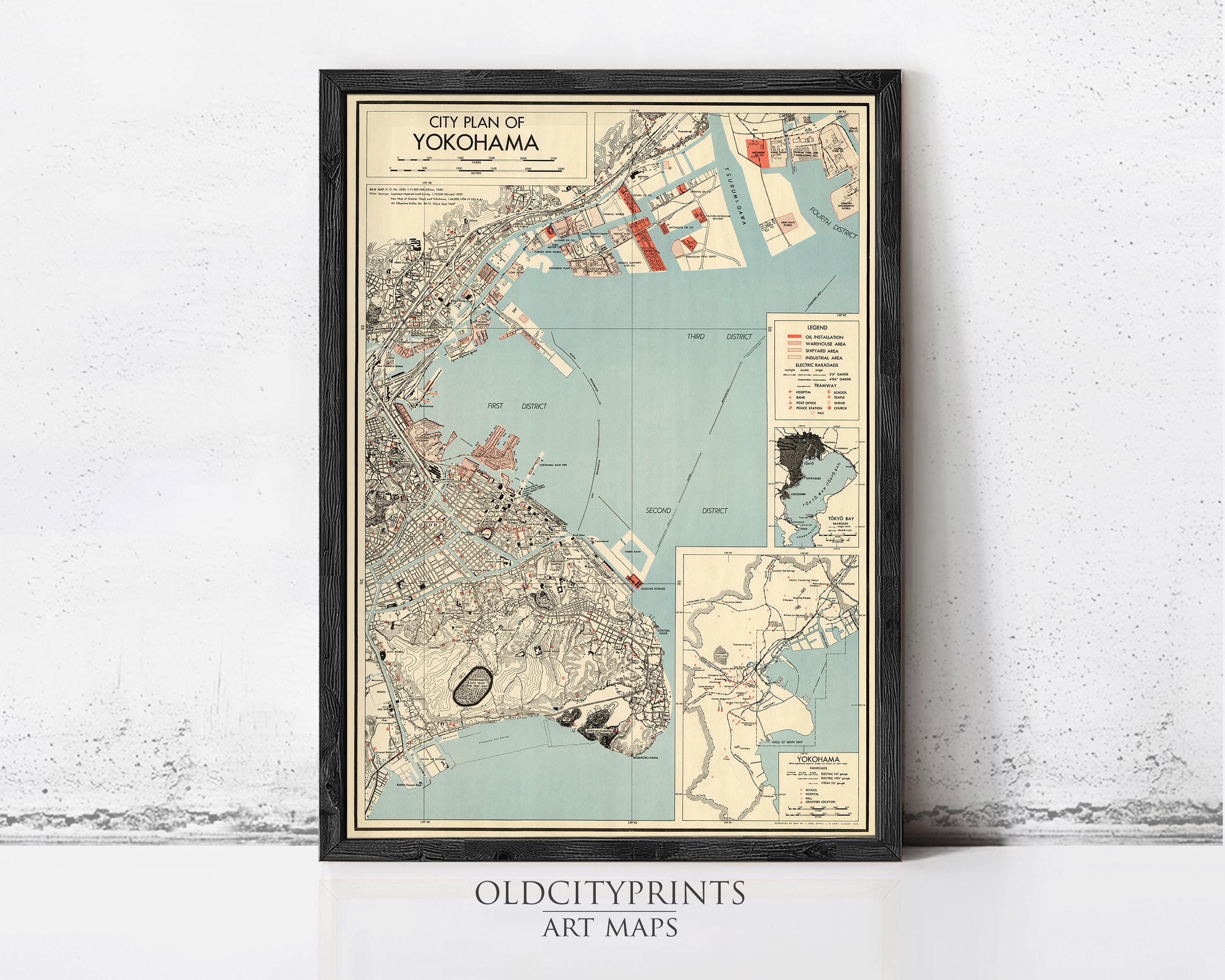 The image is a framed vintage map of the city of Yokohama, Japan, depicting the city's layout and surrounding areas.