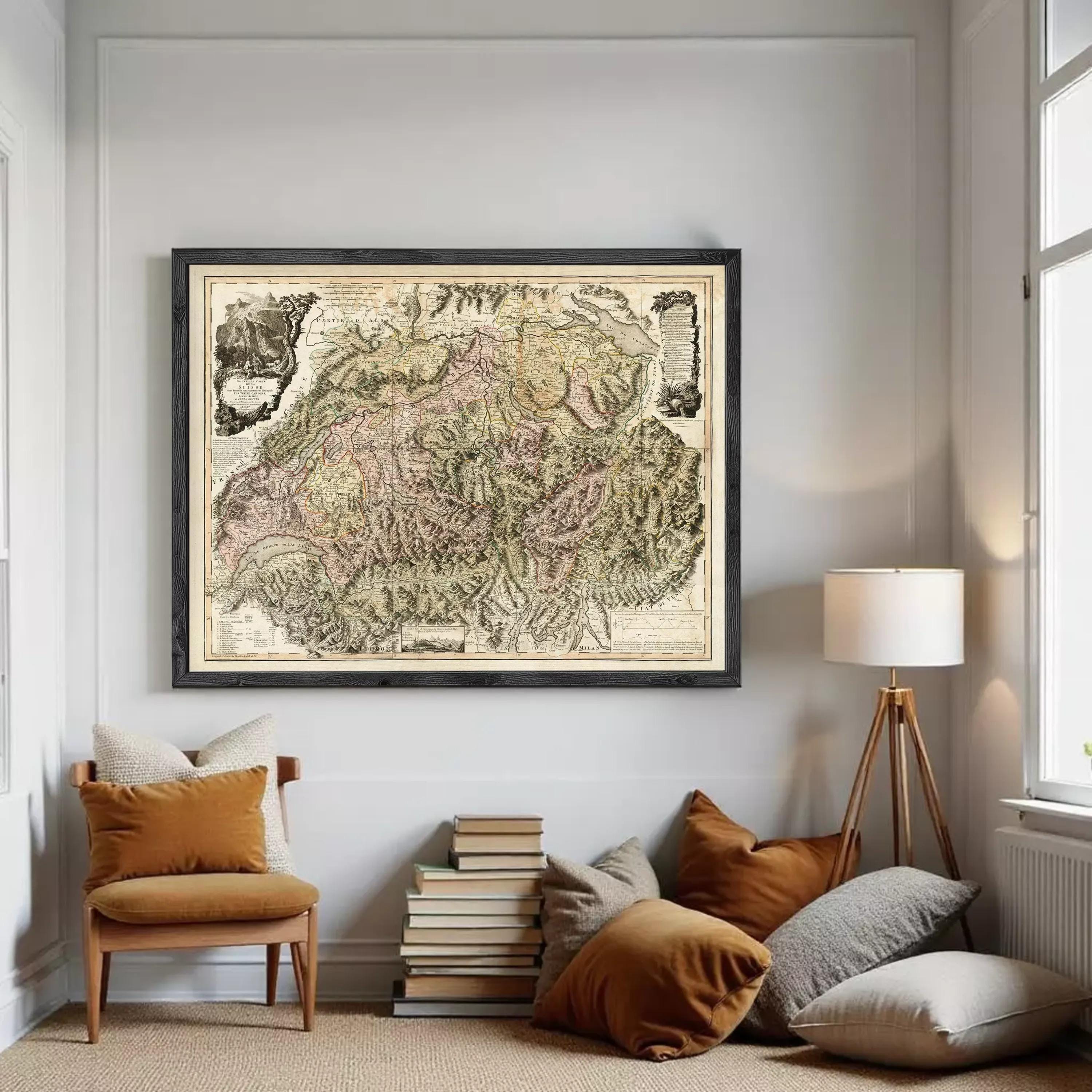 The image is a framed antique map of Europe, depicting various countries and regions in a detailed and intricate manner.