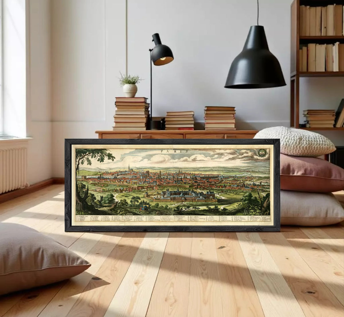 A framed illustration of a cityscape depicting a large, densely populated urban area with a mix of buildings, roads, and natural elements such as trees and grass.