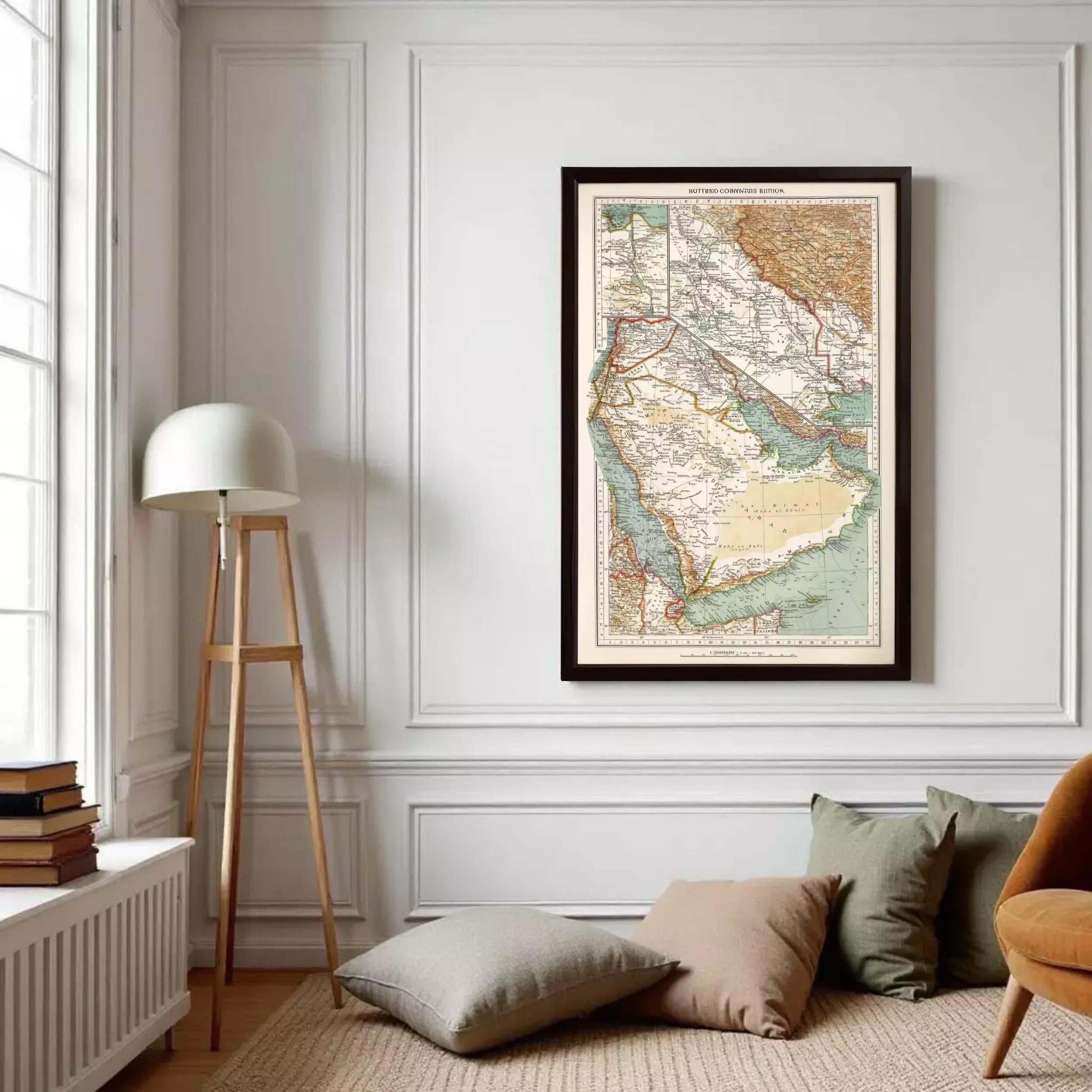 The image is a framed vintage map of the Arabian Peninsula, showing the countries and regions of the Middle East and North Africa.