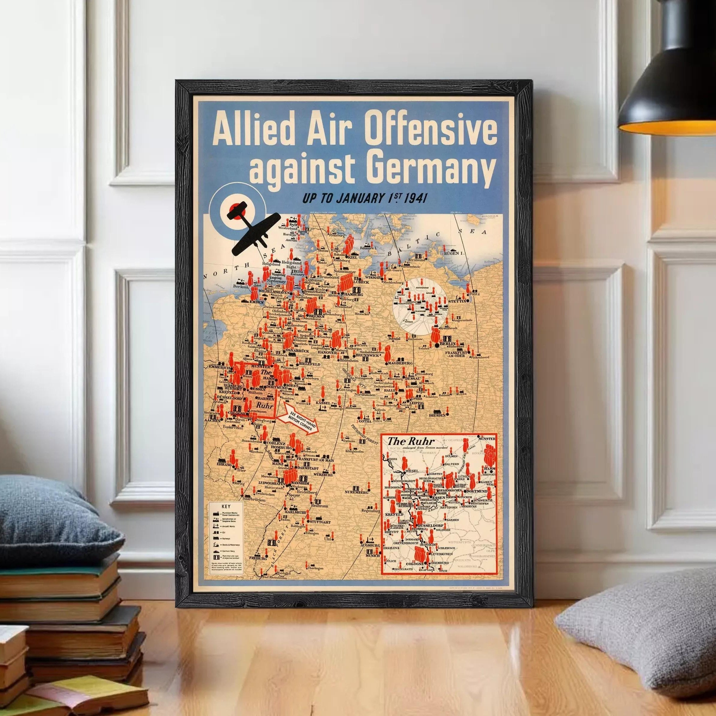 The image is a vintage poster depicting a map of Europe and Germany during World War II, with a focus on the Allied Air Offensive against Germany.