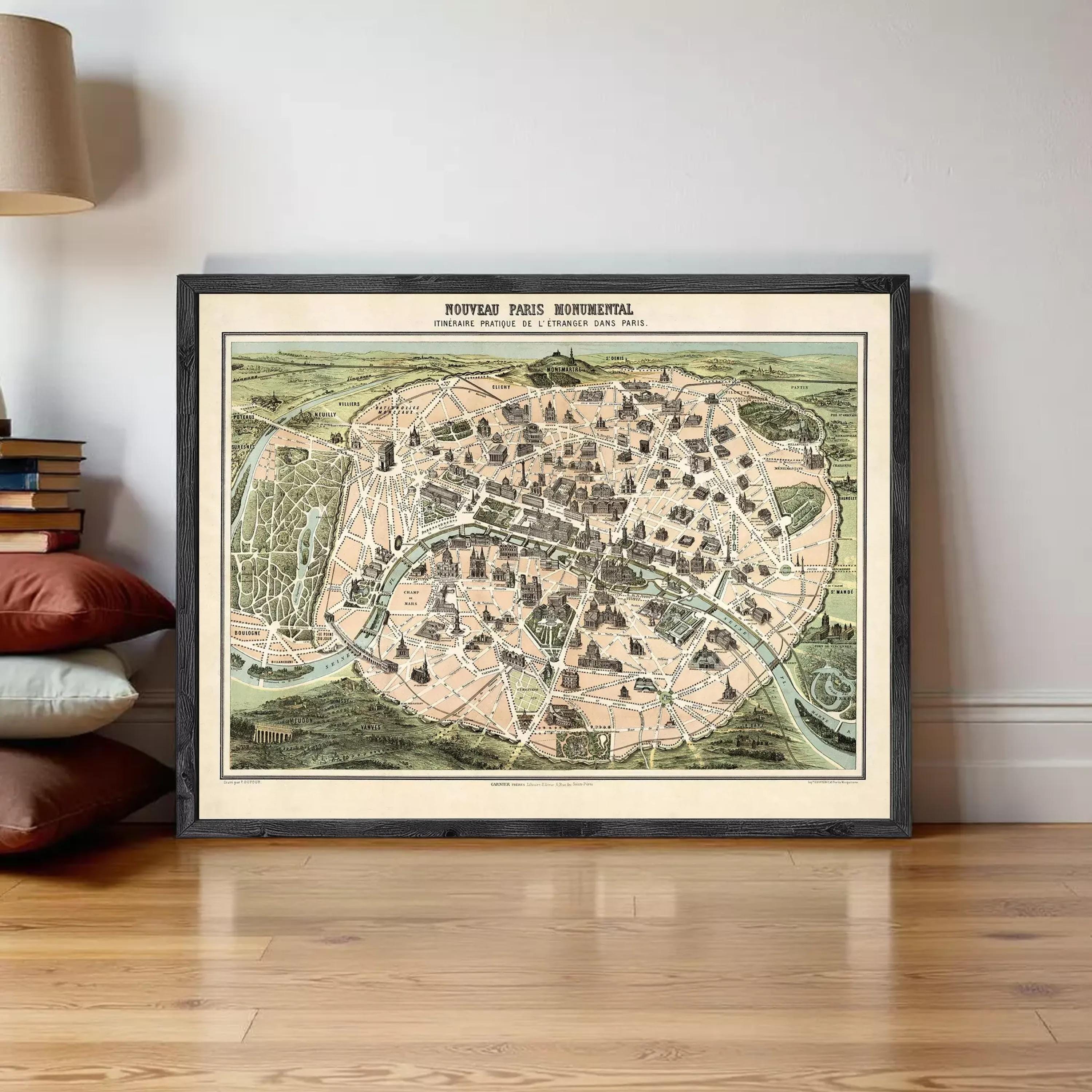 The image is a framed vintage map of Paris, France, depicting the city's layout and surrounding areas.