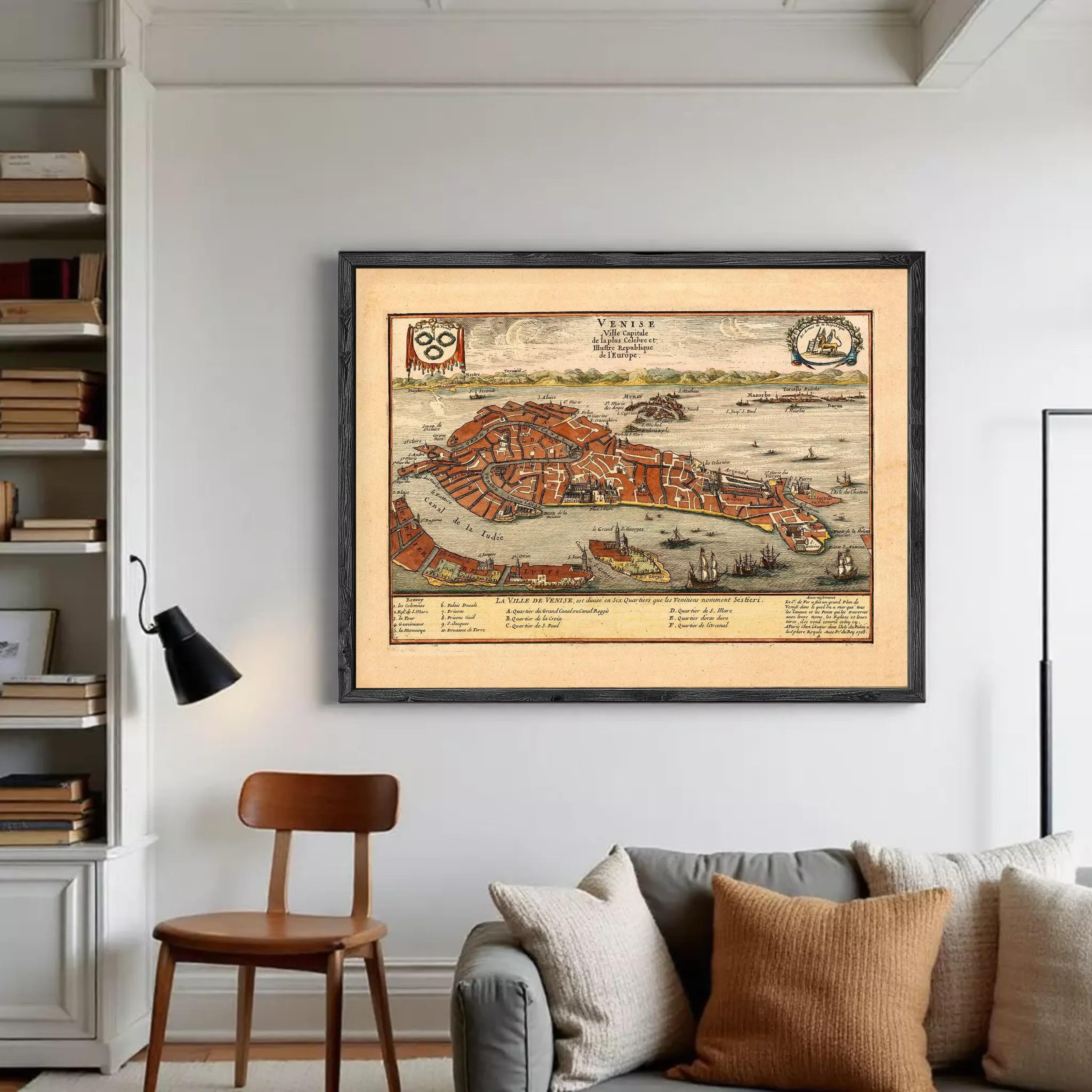 The image is a framed vintage map of Venice, Italy, depicting the city's layout and surrounding waterways.