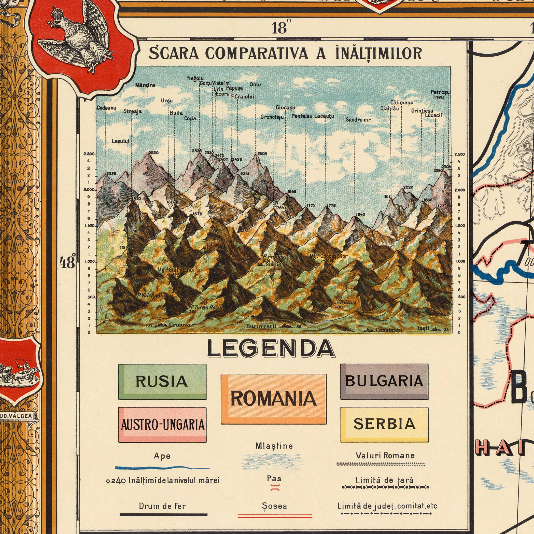 The image is a vintage map of Europe, depicting the legend and scale of the map.