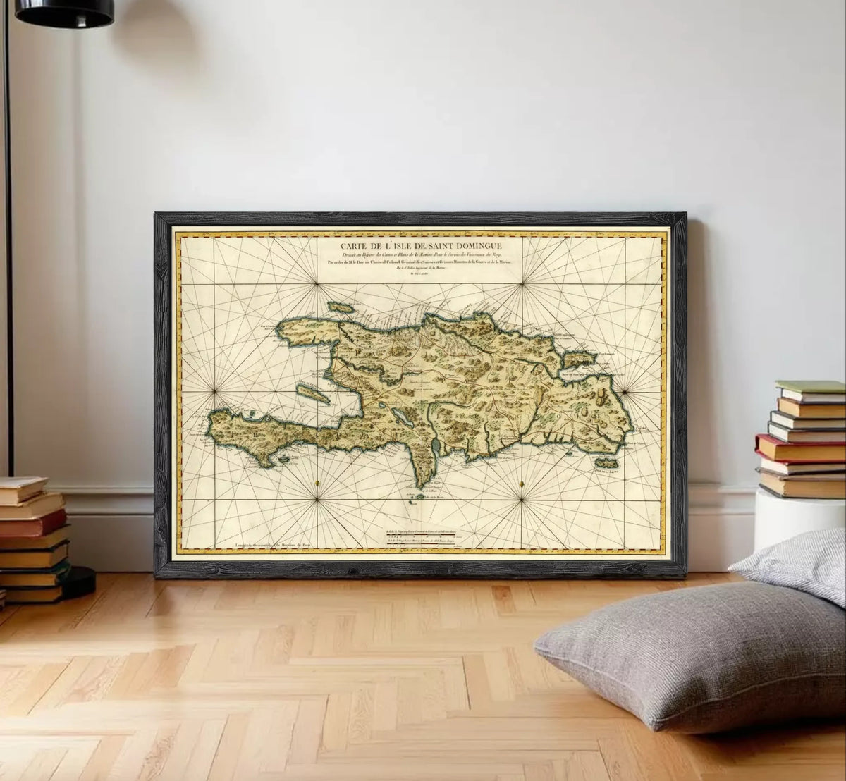 The image is a framed vintage map of the island of St. Martin, depicting the island's geographical features and surrounding areas.