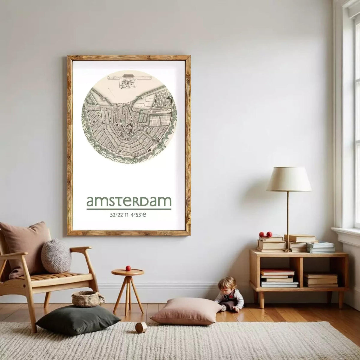 The image is a framed print of a map of Amsterdam, with the city's name and location printed below the map.