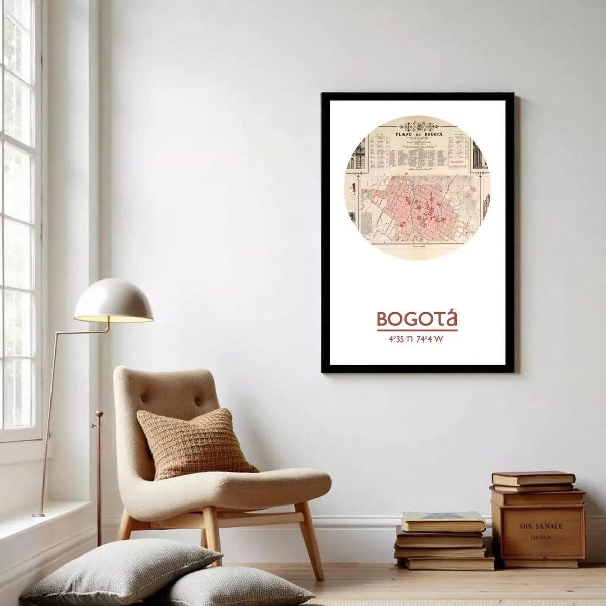 A framed vintage map of Bogota, Colombia, with a circular design around the map.
