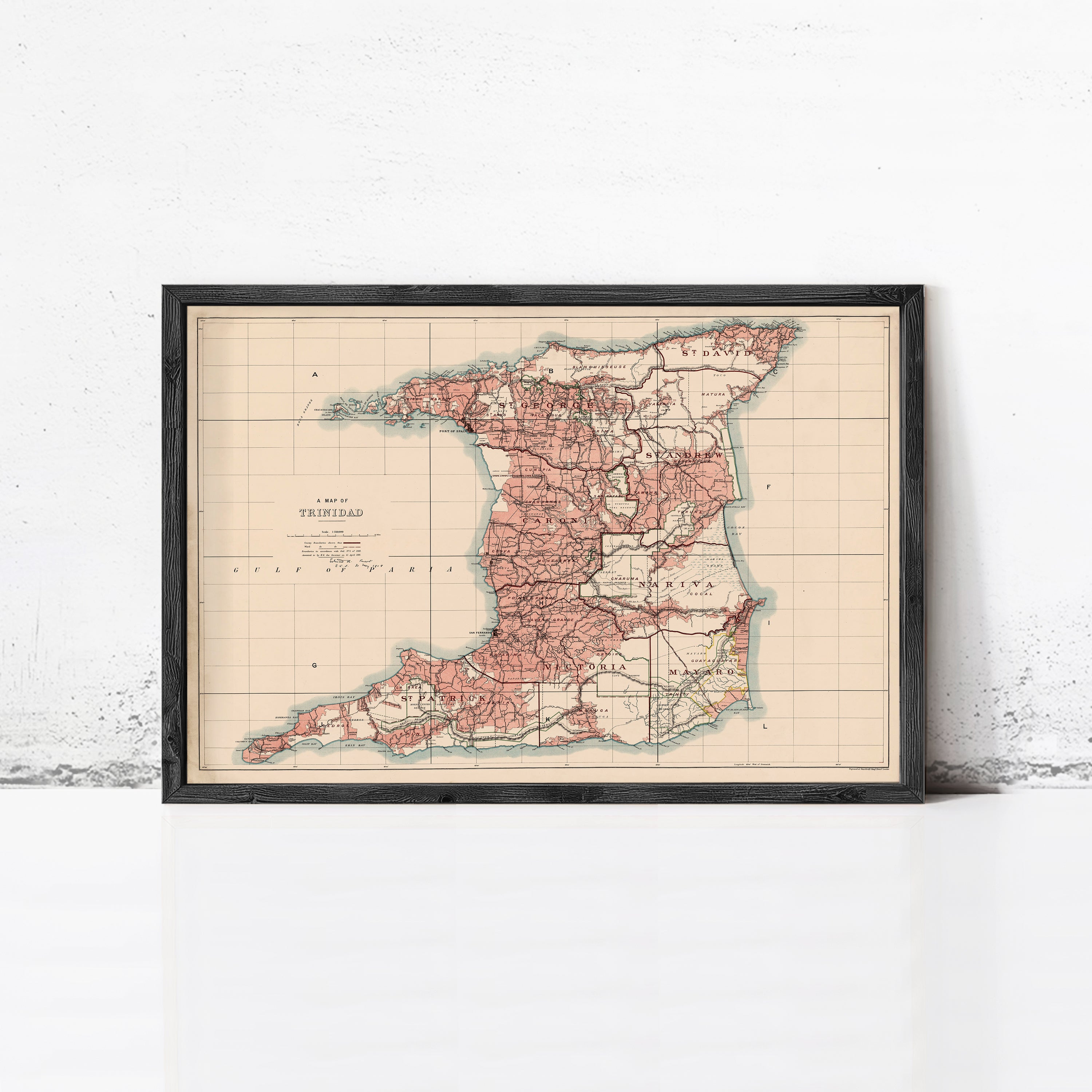 The image is a framed map of Trinidad and Tobago, a country located in the Caribbean.