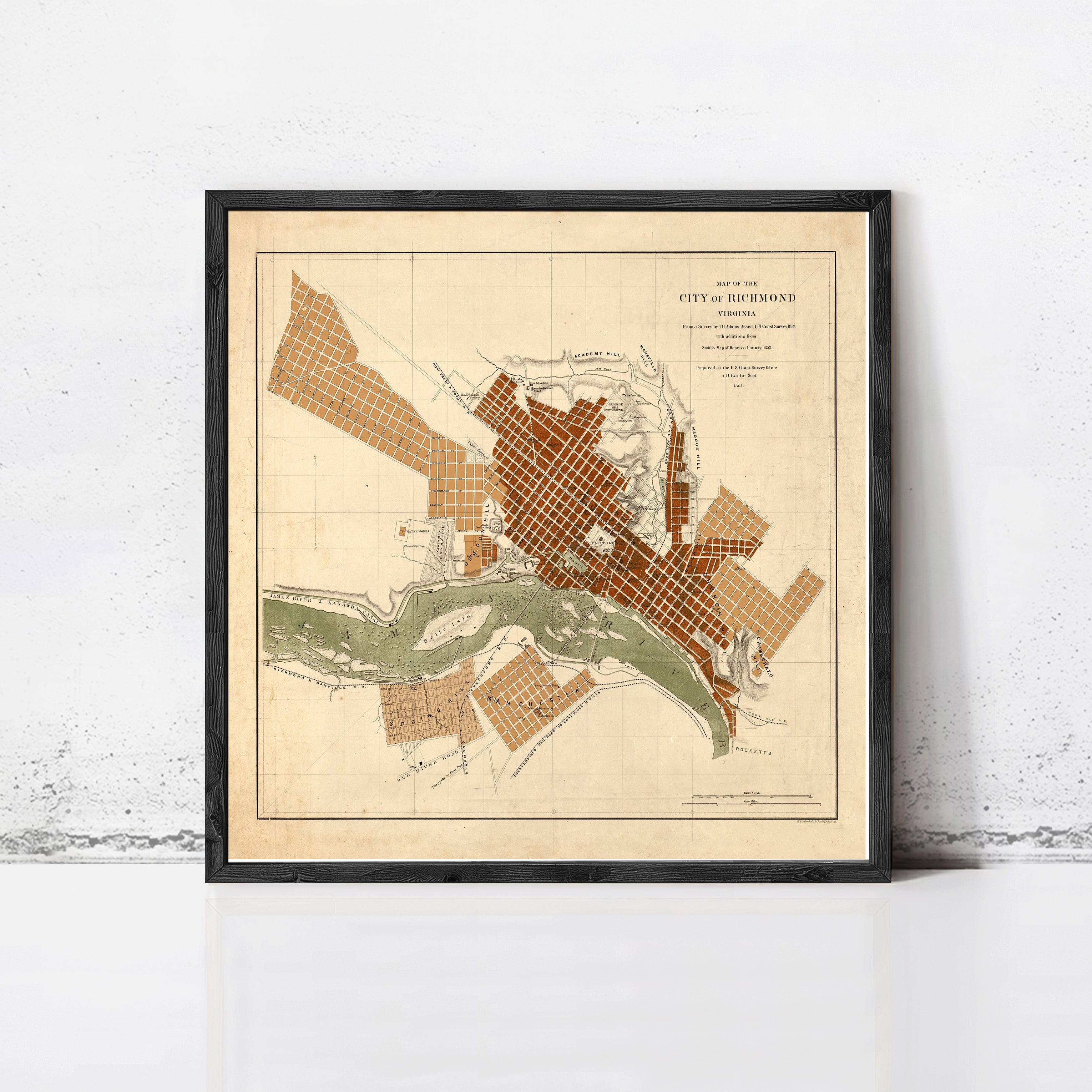 The image is a framed map of the city of Richmond, Virginia, depicting the city's layout and surrounding areas.