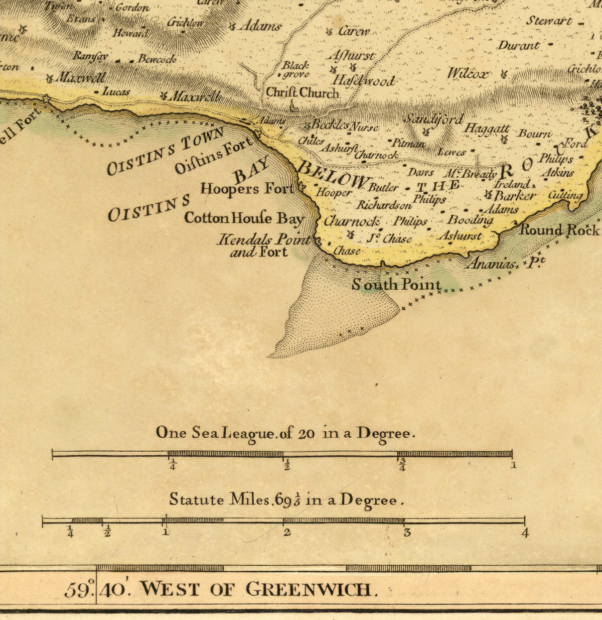 The image is a historical map of the coastal area of the East coast of the United States, showing the coastline, towns, and surrounding bodies of water.