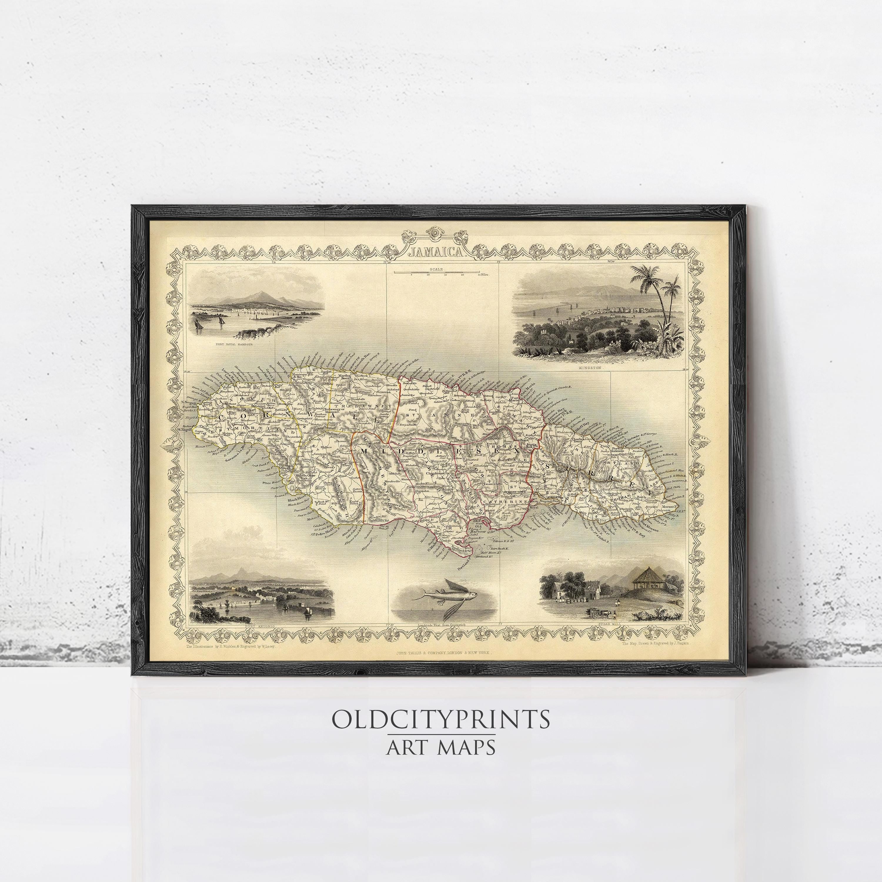 The image is a framed vintage map of Jamaica, featuring various landmarks and geographical details.