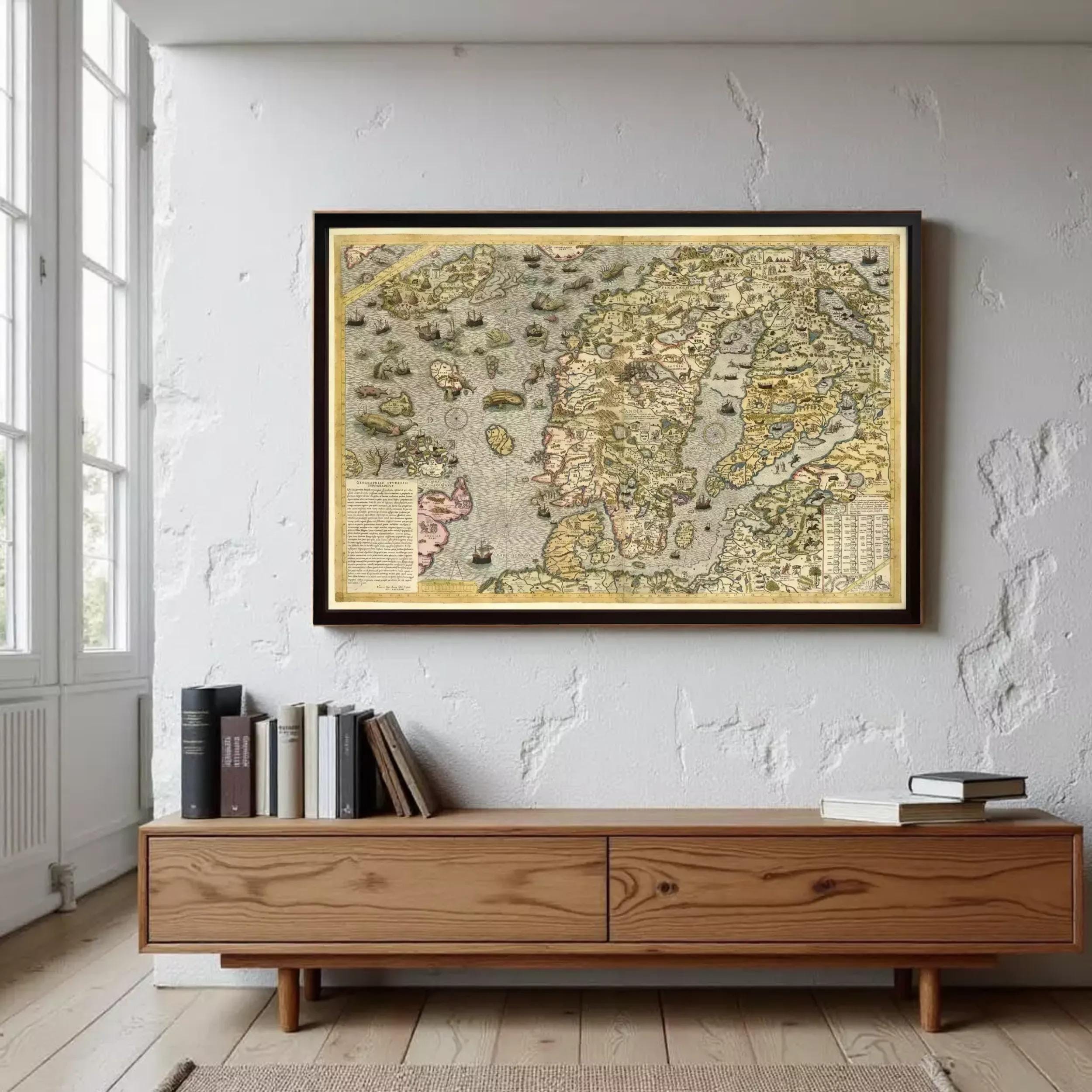 a large, framed map hanging on a white wall above a wooden console table.