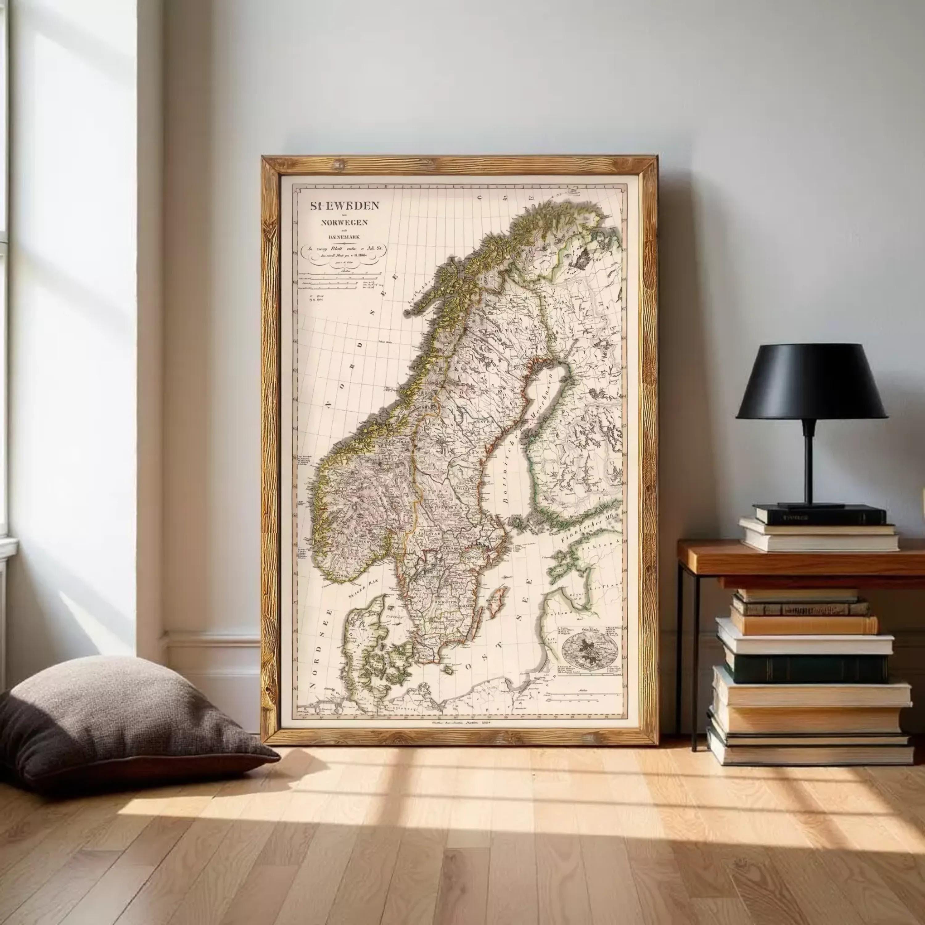 The image is a framed map of Sweden and its surrounding countries, including Norway, Denmark, and Finland.