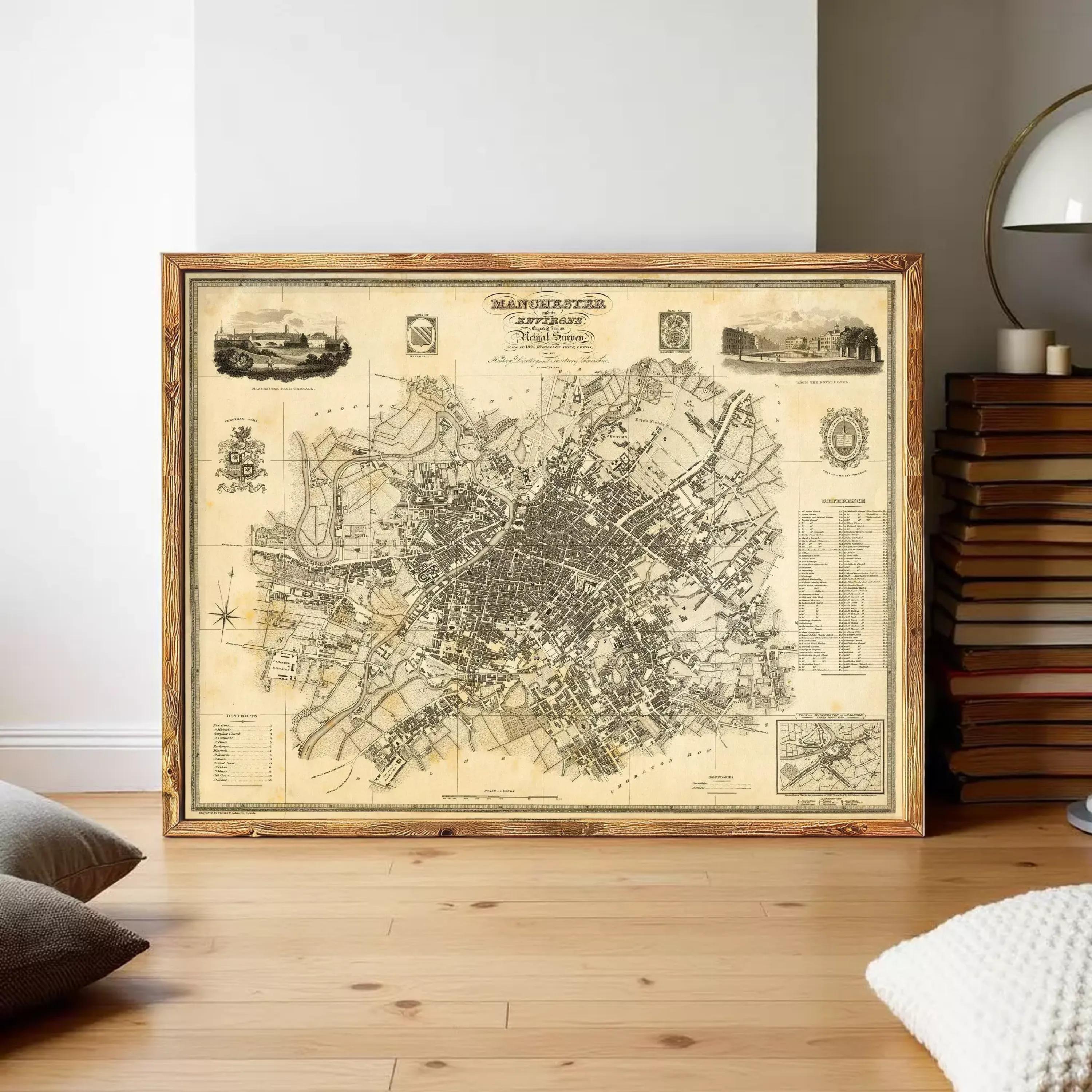 The image is a framed antique map of Manchester, England, dating back to 1858.
