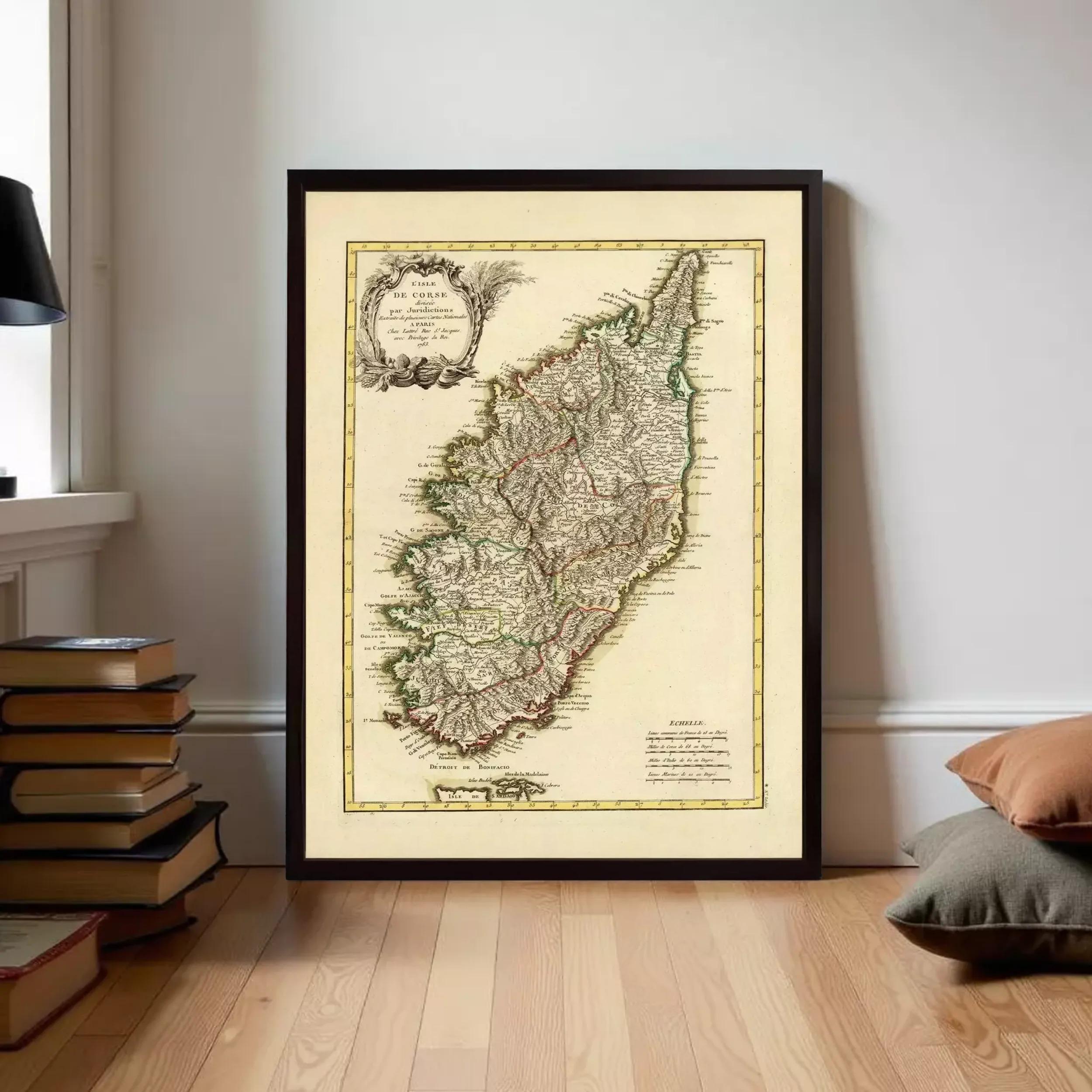 The image is a framed map of a region, possibly a country or island, with detailed geographical markings and labels.