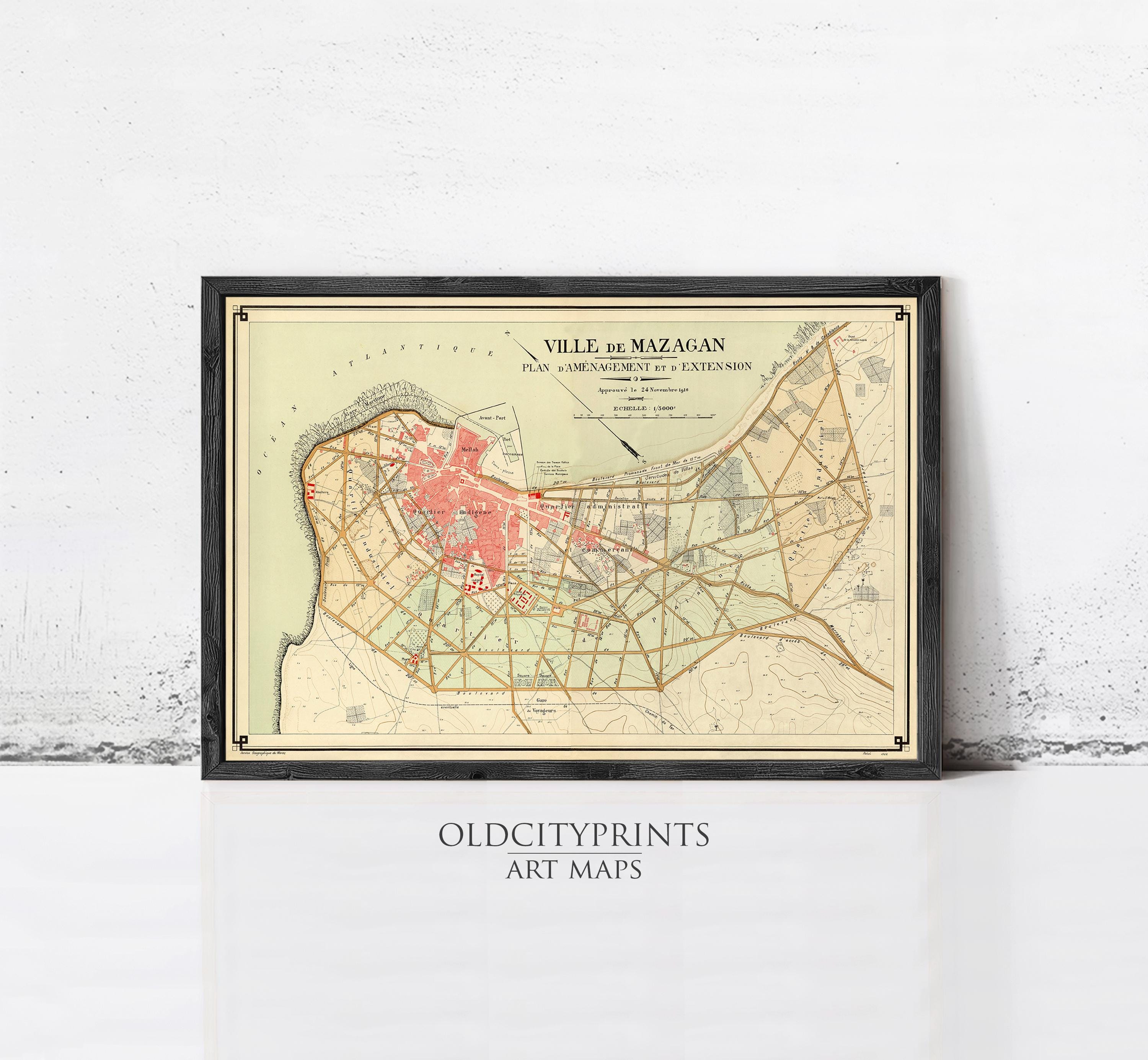 The image is a framed vintage map of the village of Mazagan, located in the Mediterranean region.